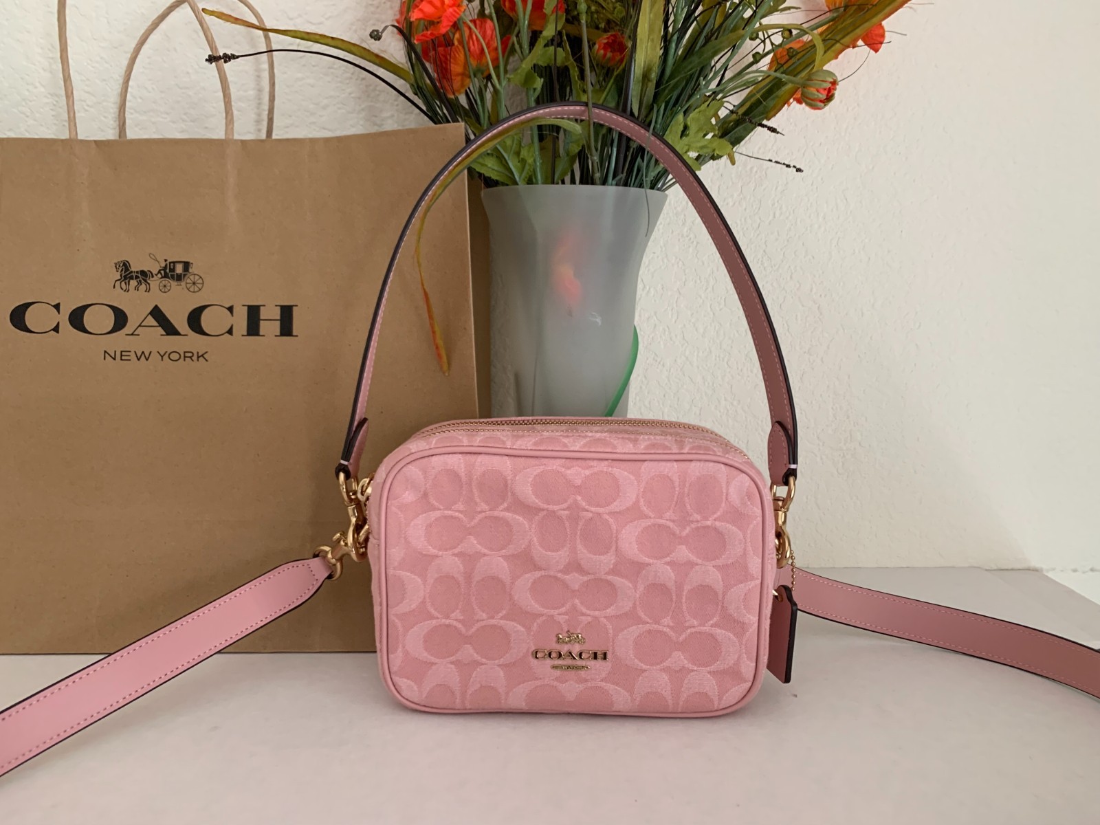 NWT Coach CEN19 Mini Carey Crossbody Bag Signature Denim & Leather Light Pink