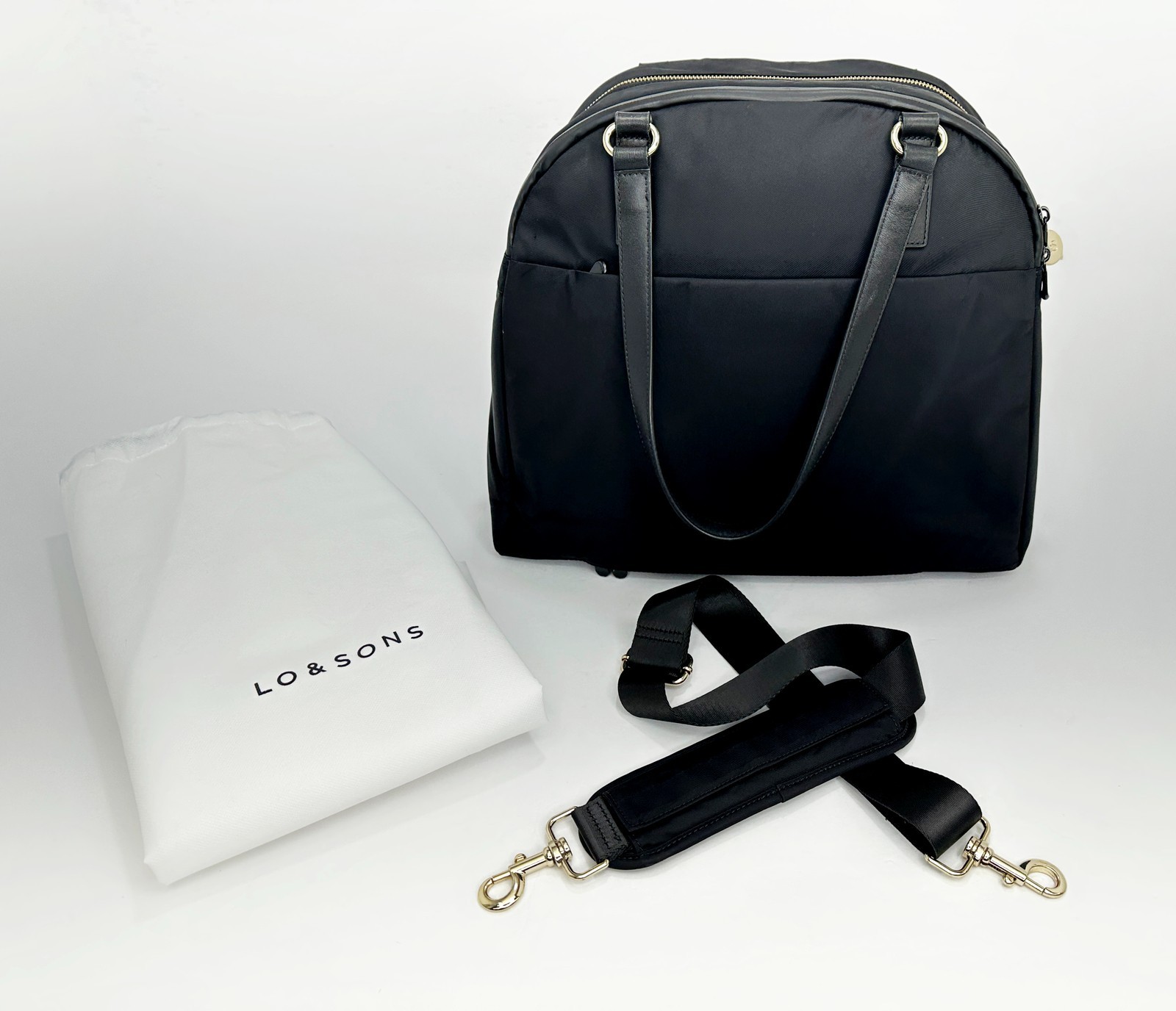 Lo and Sons O.G. 2 Laptop Tote Black Nylon Gold Hardware Grey Interior Dust Bag