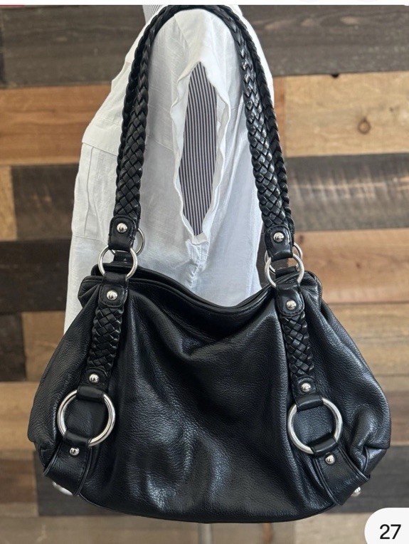 Banana Republic Black Genuine Pebbled Leather Braided Handle Chrome Hardware