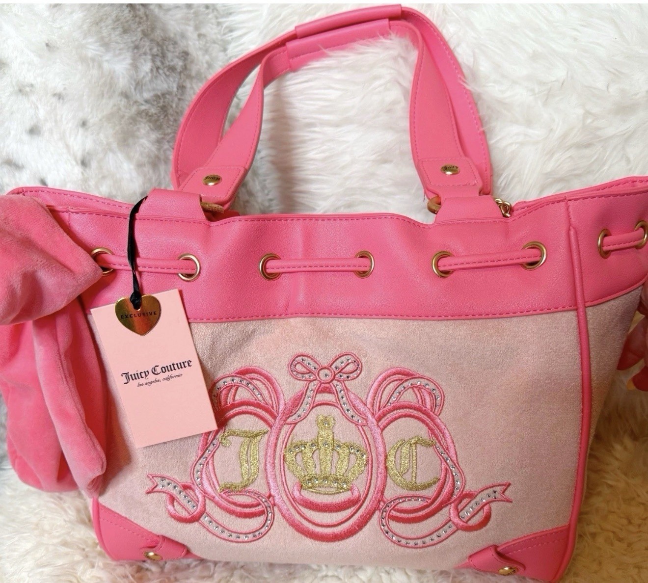 Juicy Couture Daydreamer Pink Velvet Velour Bow Crown Tote Bag NWT Rare