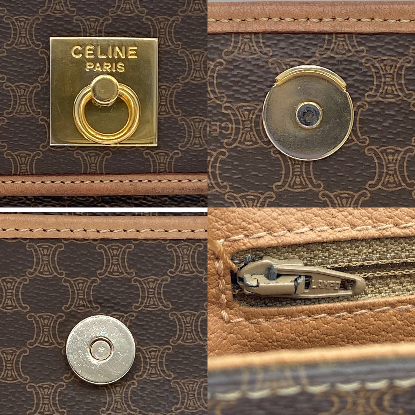 CELINE Vintage Shoulder Bag Macadam Circle Hardware PVC Leather Brown Authentic
