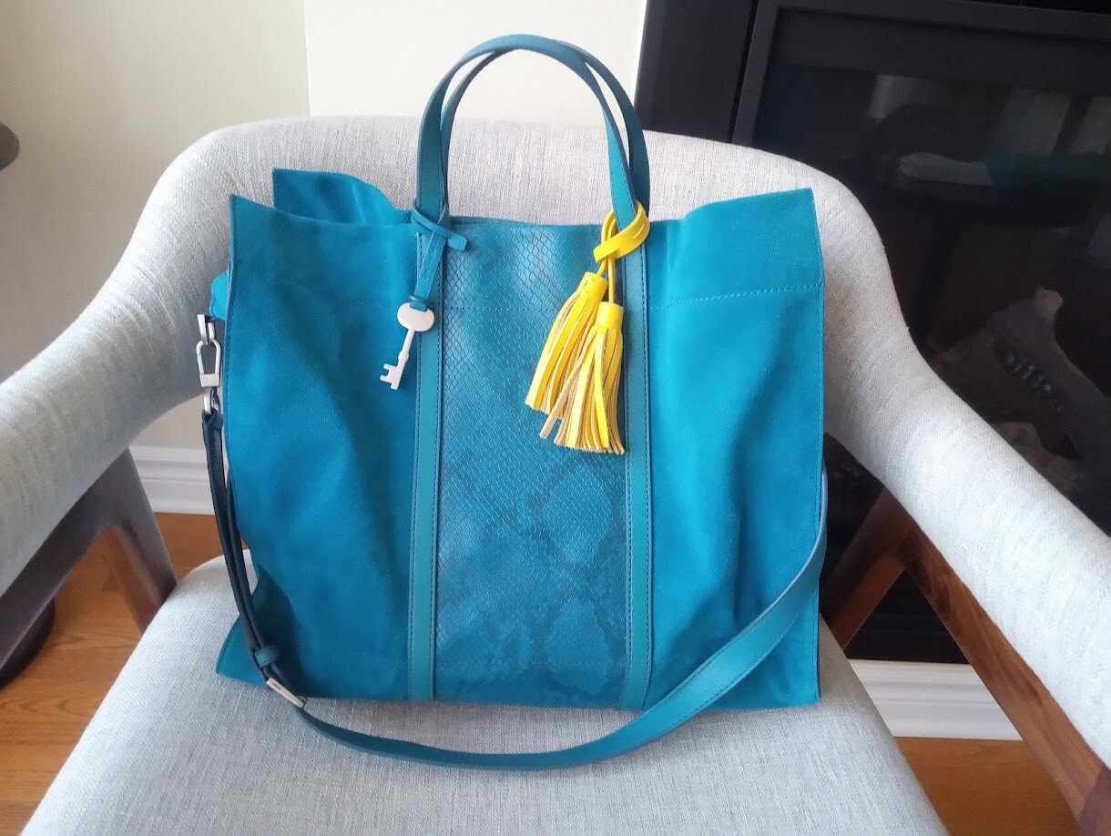 Fossil Turquoise Blue Suede & Leather Lagoon Carmen Shopper Handbag