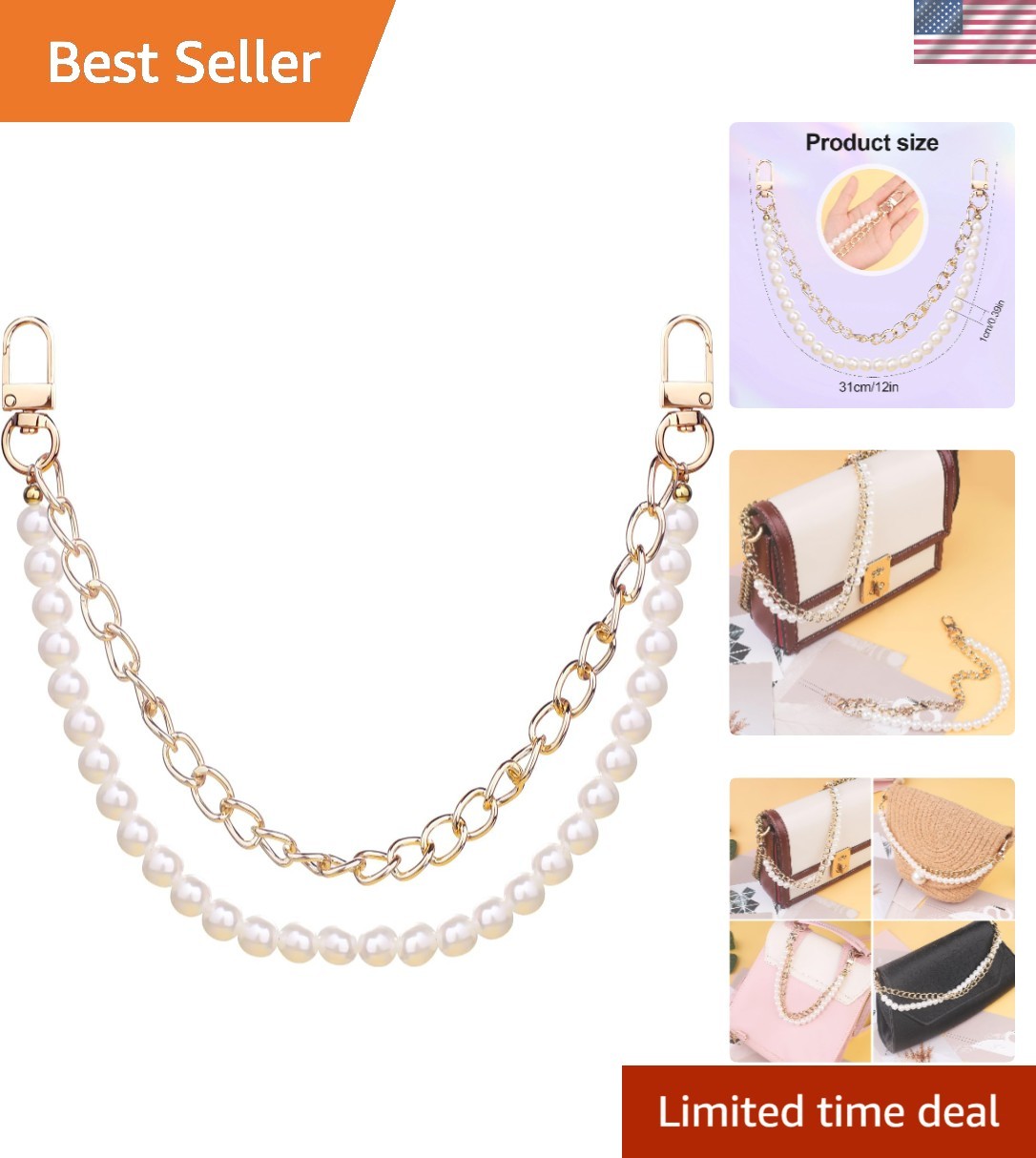 Stylish 12 Inch Bag Chain with White Pearls & Gold Links – Must-Have Charm