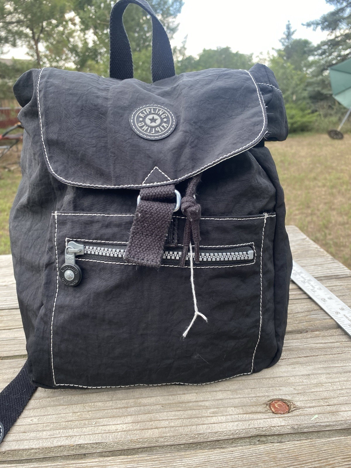 Kipling Keeper Black Crinkle Backpack Bookbag Drawstring Hook & Loop VGC