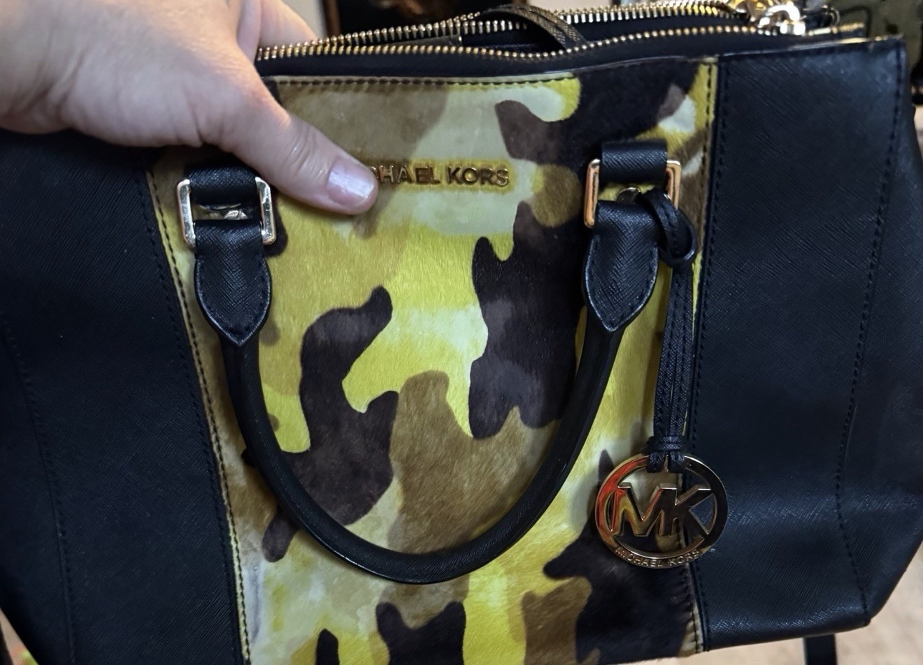 Michael Kors Camo Satchel Top Handle Bag Zip Closure w/ MK Charm Gold HW
