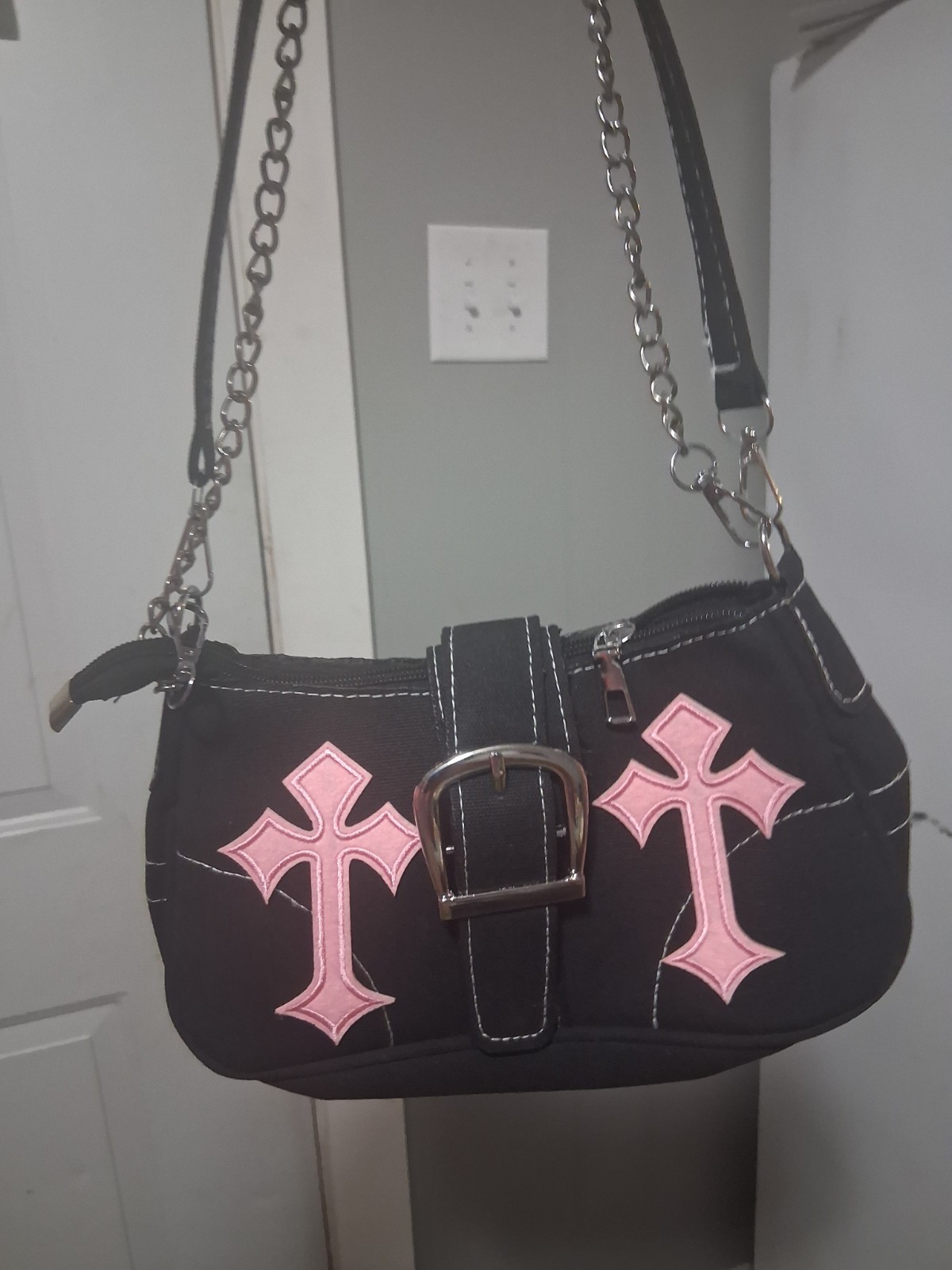 Black Pink Crosses Shoulder Bag Small Gothic Chain Strap Buckle Detachable