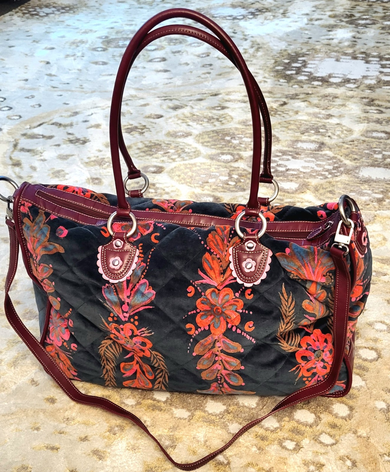 Authentic Vintage Oilily Bag Velour with Burgundy Leather Handles/ Base Interior