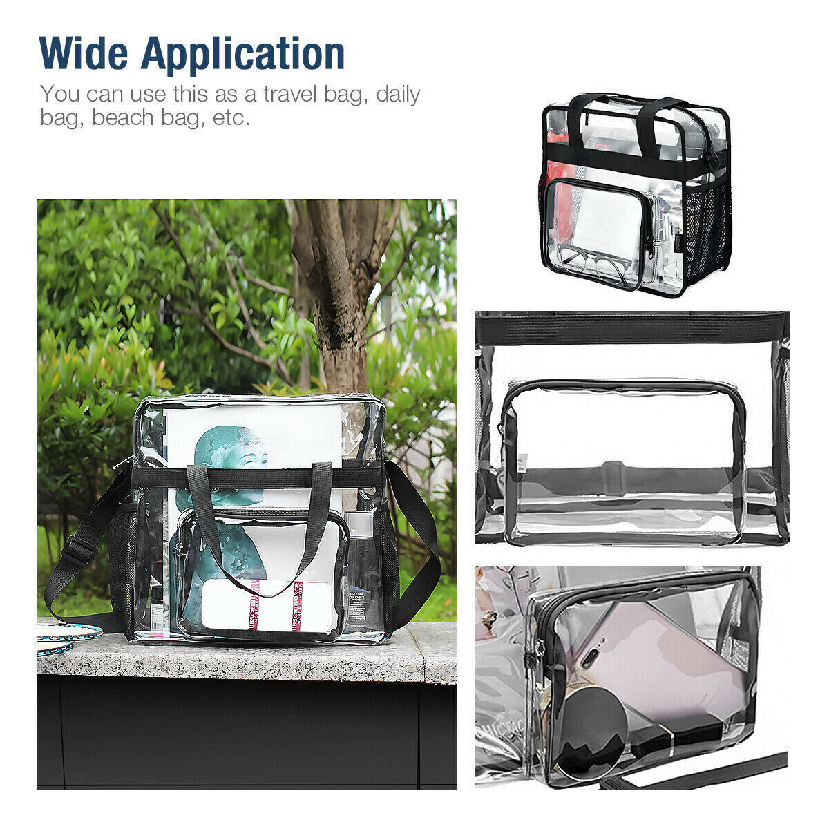 Clear PVC Tote Pack Bag Handbag Zip Purse Stadium Transparent Security Approved