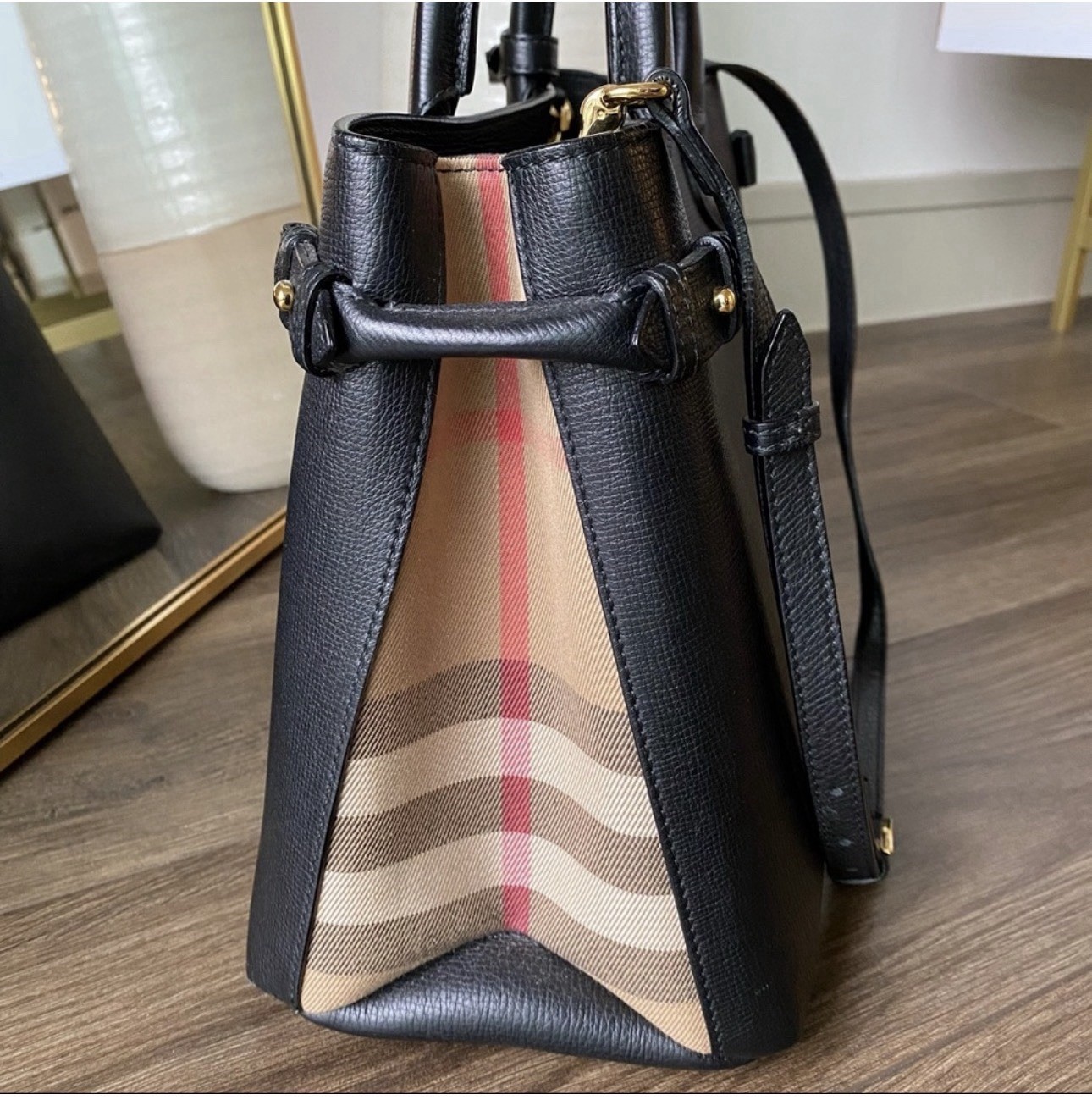 Burberry Banner Black Leather Canvas House Check Satchel Top Handle Bag