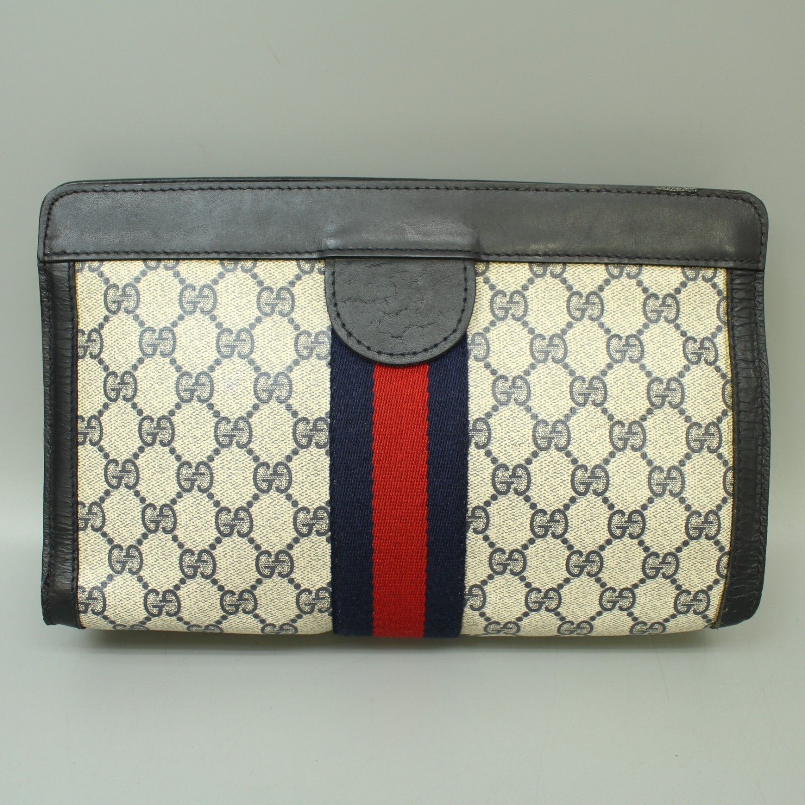 Gucci Vintage GG Pattern PVC Canvas Leather Clutch Bag Pouch Navy Gucci Parfums