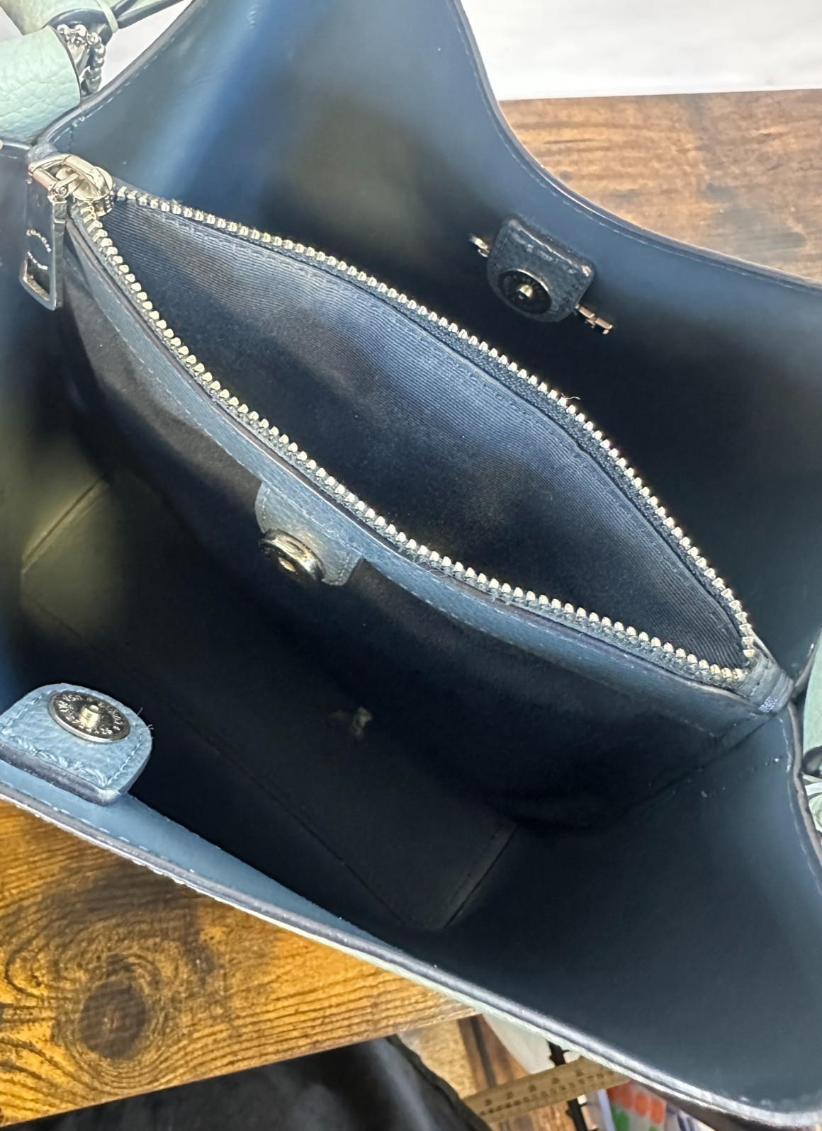 *Flawed Coach Town Bucket Bag 91122 Seafoam Blue Pebble Leather Crossbody Purse