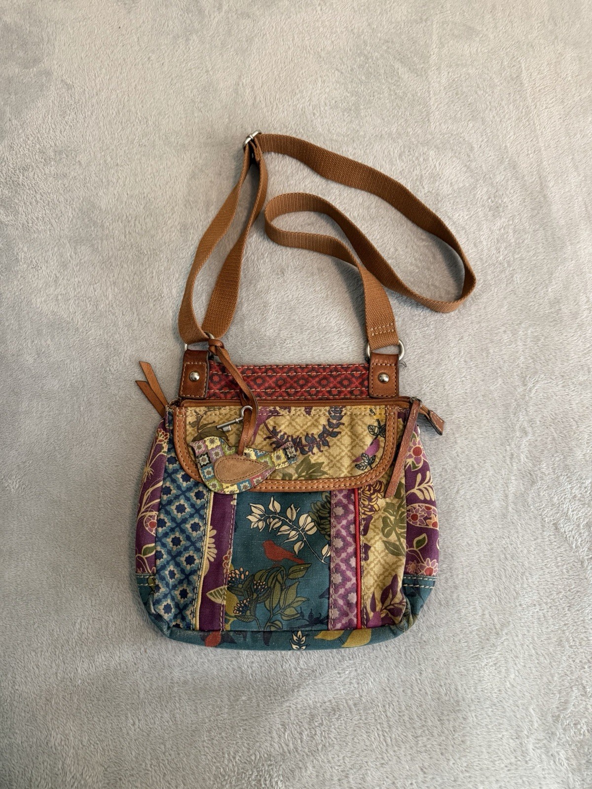 Vintage Fossil Patchwork Print Canvas Tapestry Crossbody Boho Bag w Bird Charm