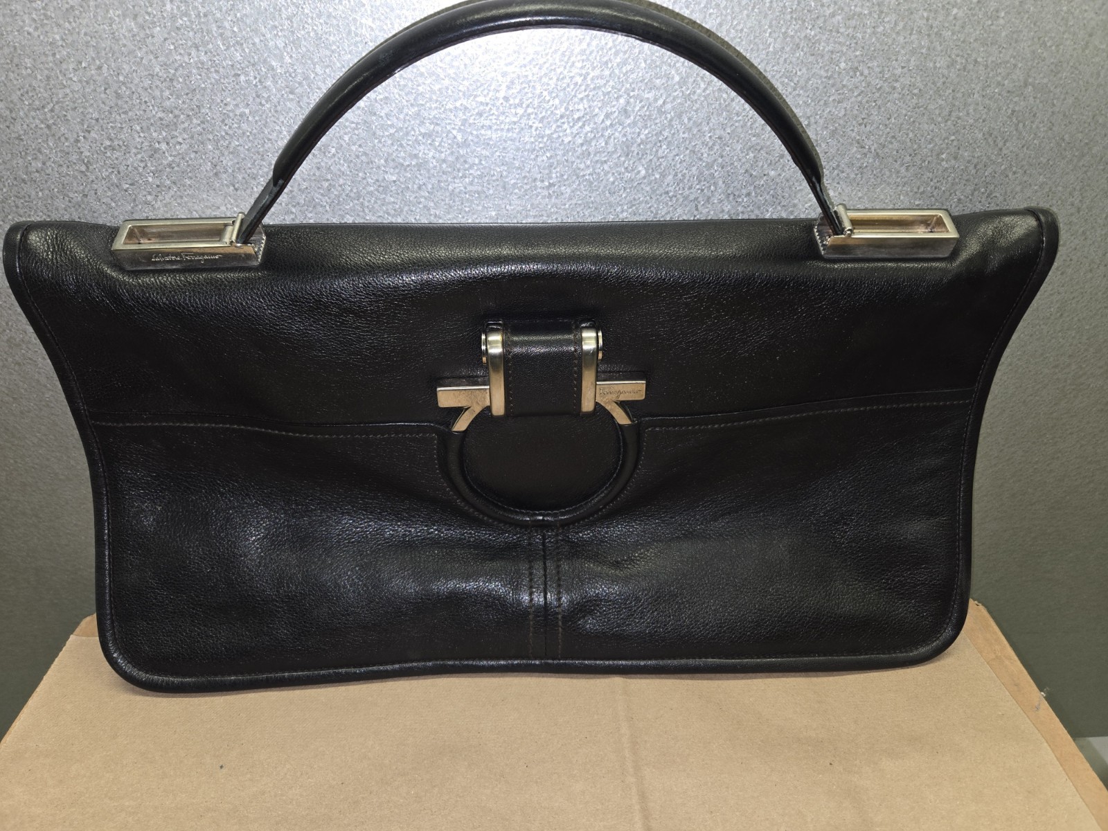 Salvatore Ferragamo Black Leather Oversized Gancini Clutch