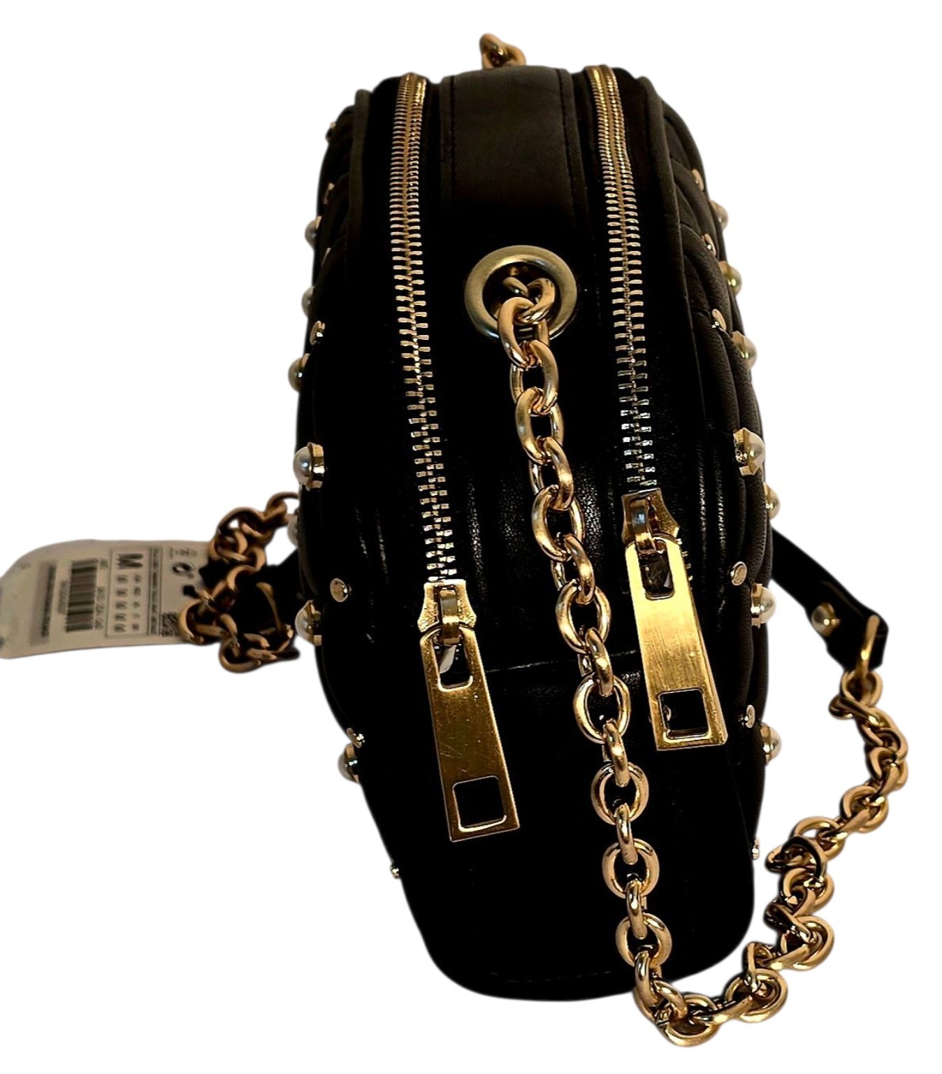 Zara Pearl Studded Quilted Crossbody Bag Black Gold Chain NWT Trendy Purse