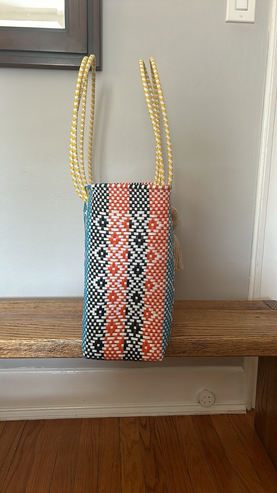 Multicolor mexican recycled plastic tote bag With Pom Pom Charm – Waterproof