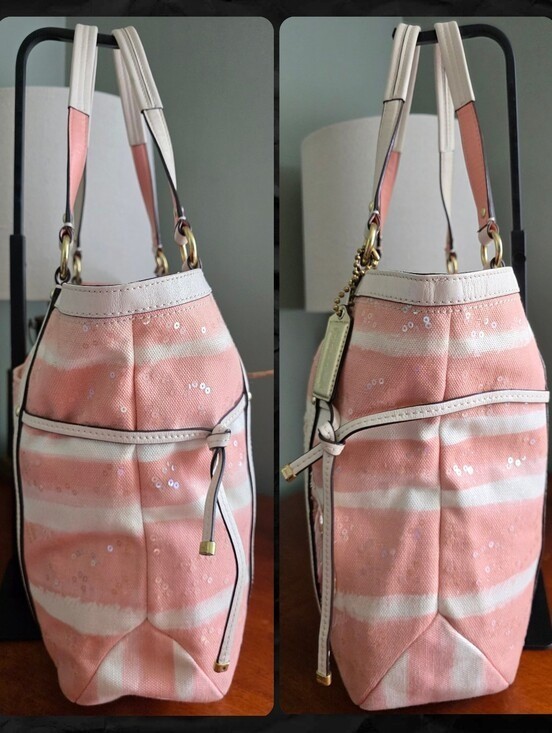 Coach 19576 Audrey Pink Sequin Shell Canvas Cinched Tote Bag Rare Coastal