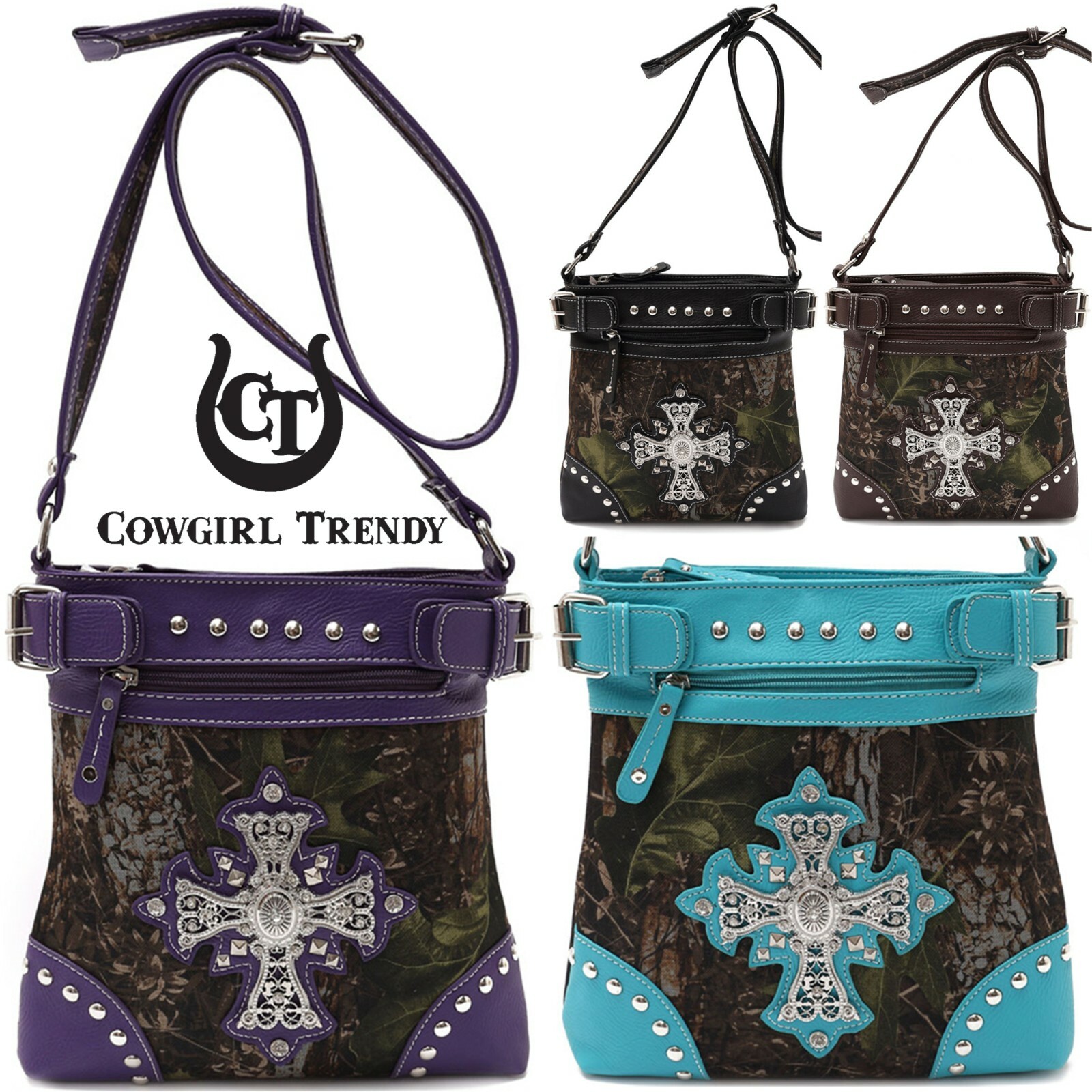 Camouflage Cross Studs Rhinestone Western Crossbody Handbags Women Shoulder Bag