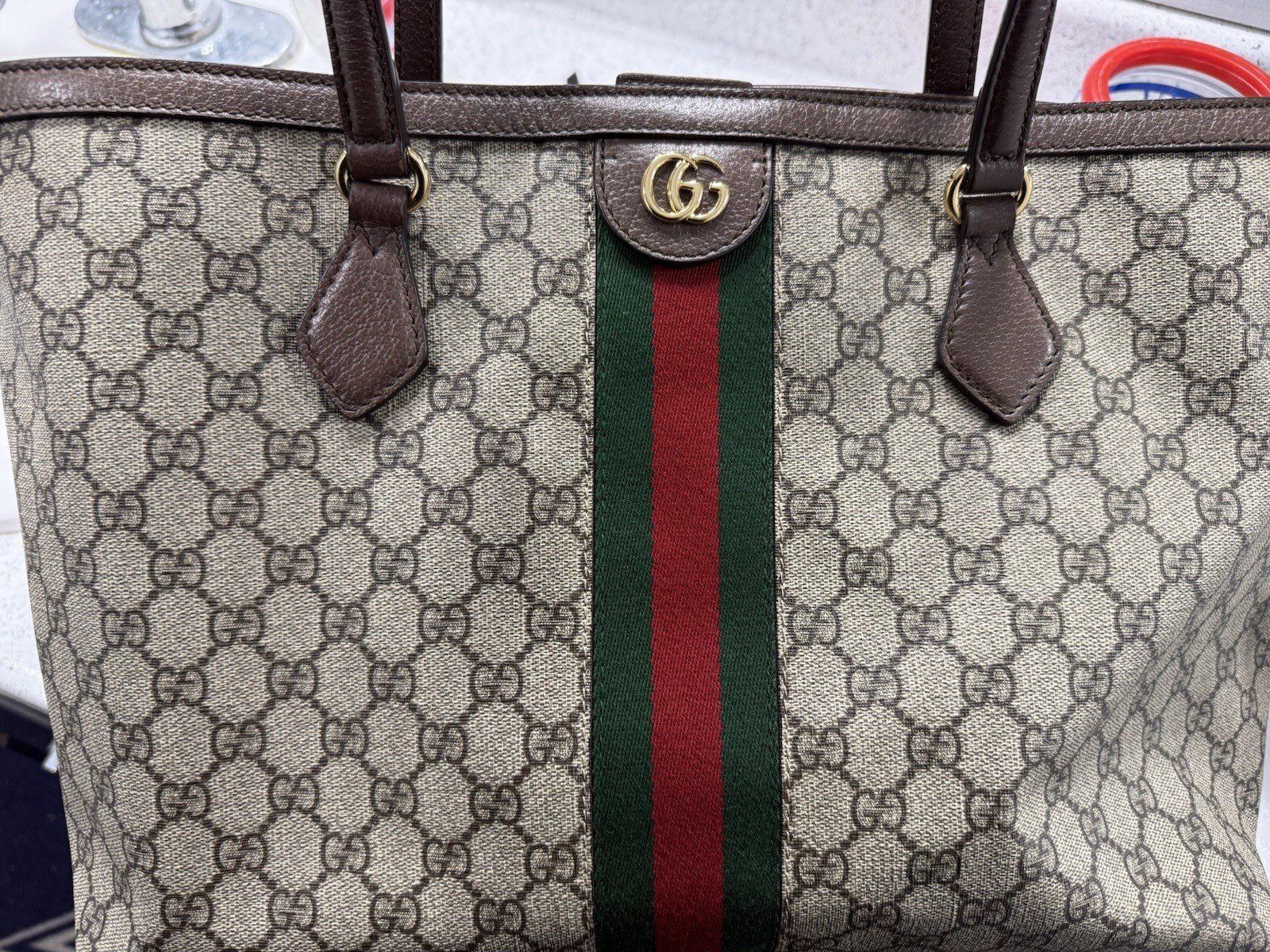 Gucci GG Monogram Web Stripe Large Tote Zip Bag Gold Hardware w/ Dust Bag
