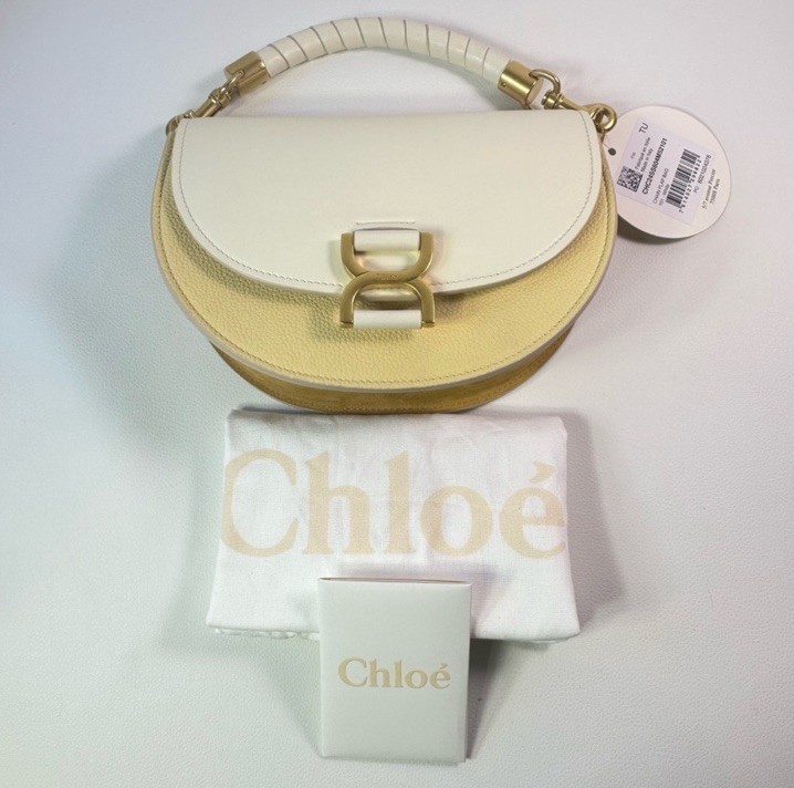 NEW Chloe Marcie Chain Flap Calf Leather & Suede White/Cream/Gold