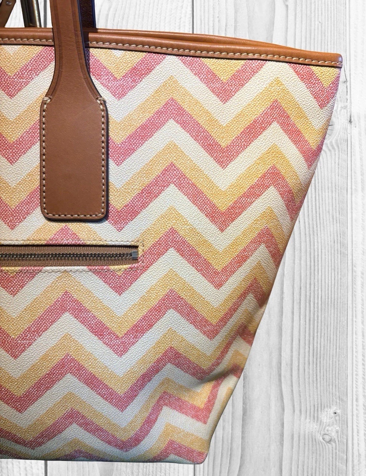 Dooney Bourk Chevron Zig Zag Orange Yellow Pink Large Shopper Tote Shoulder Bag