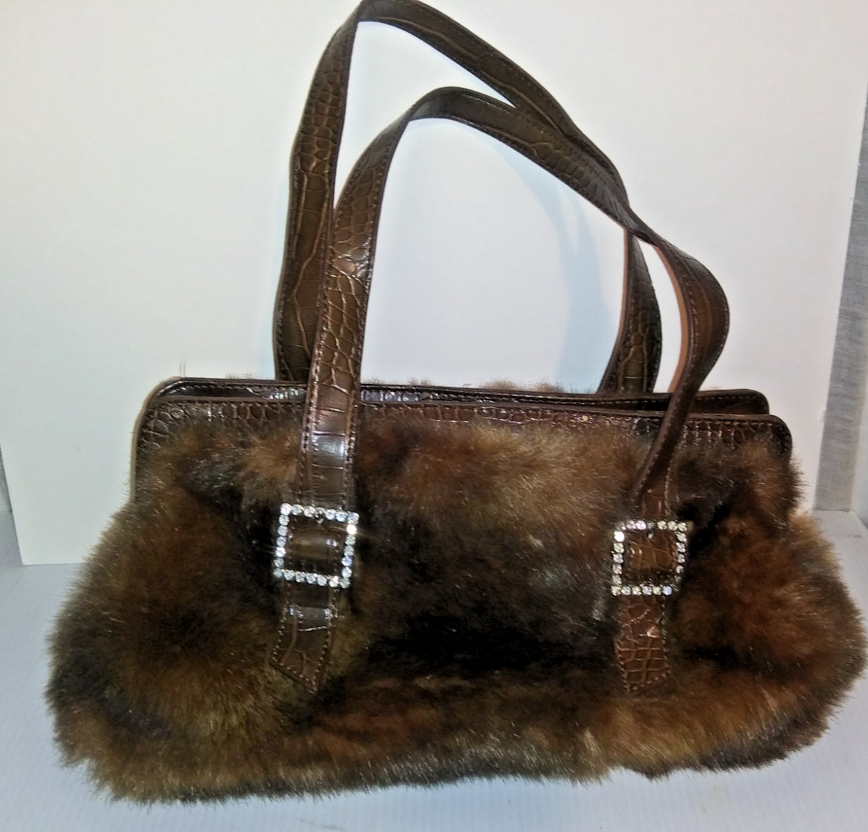 Animal Print Faux Fur Bag Purse Brown Shoulder Rhinestone Trim Valerie Stevens
