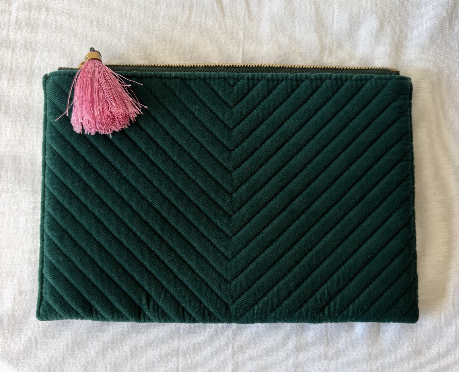 J. Crew Green Velvet Chevron Clutch With Pink Tassel.