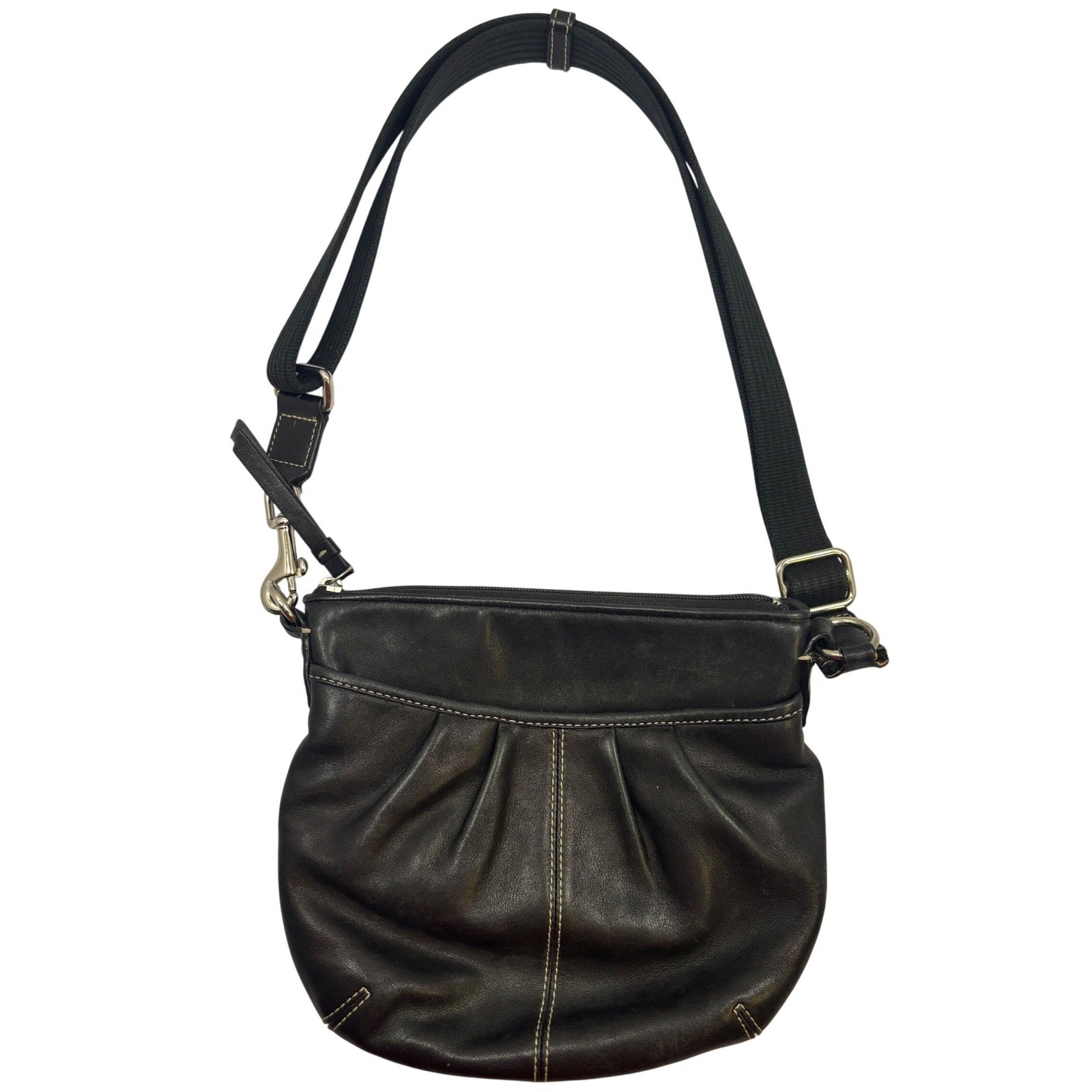 COACH Black Leather Pleated Crossbody Bag Silver Hardware Contrast Stitching