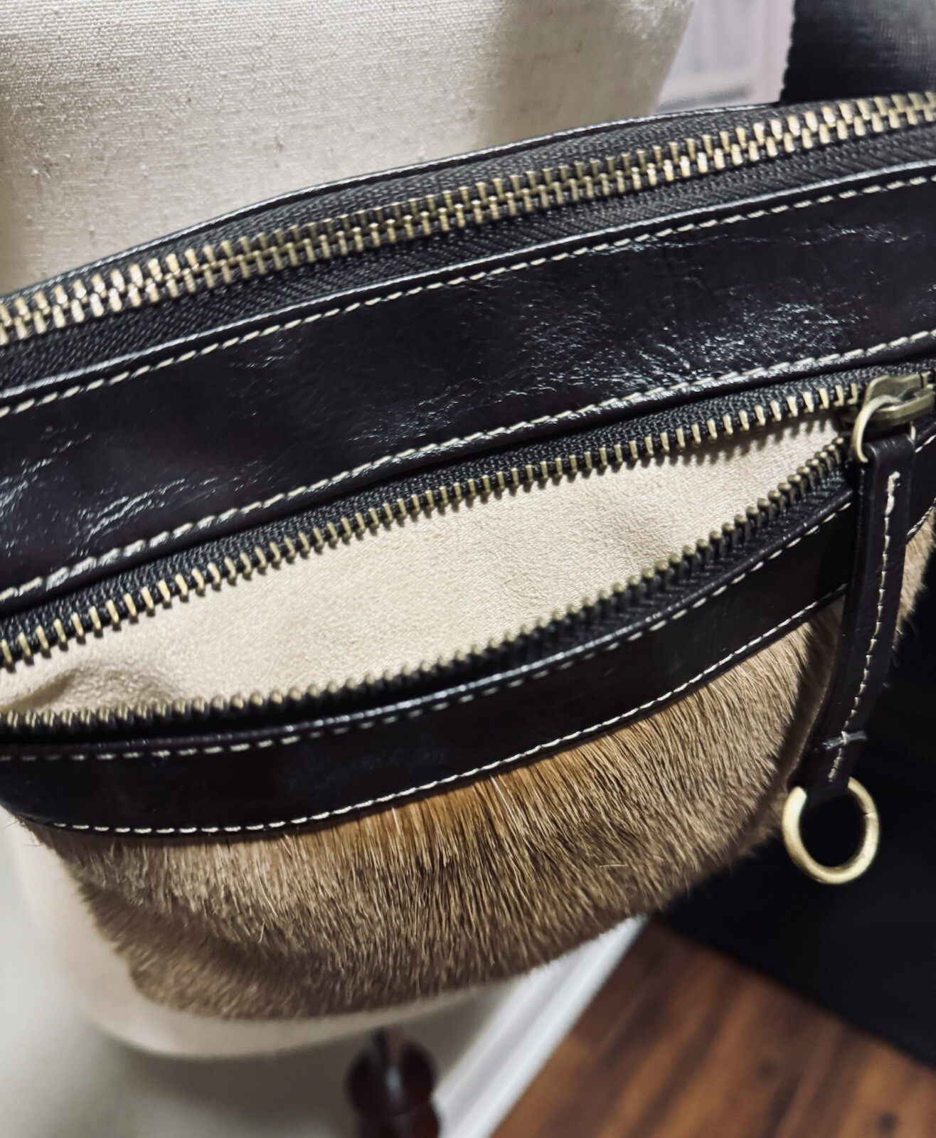 Diane Gail Springbok Fur, Leather Trim Crossbody, Shoulder Bag, Purse, EUC