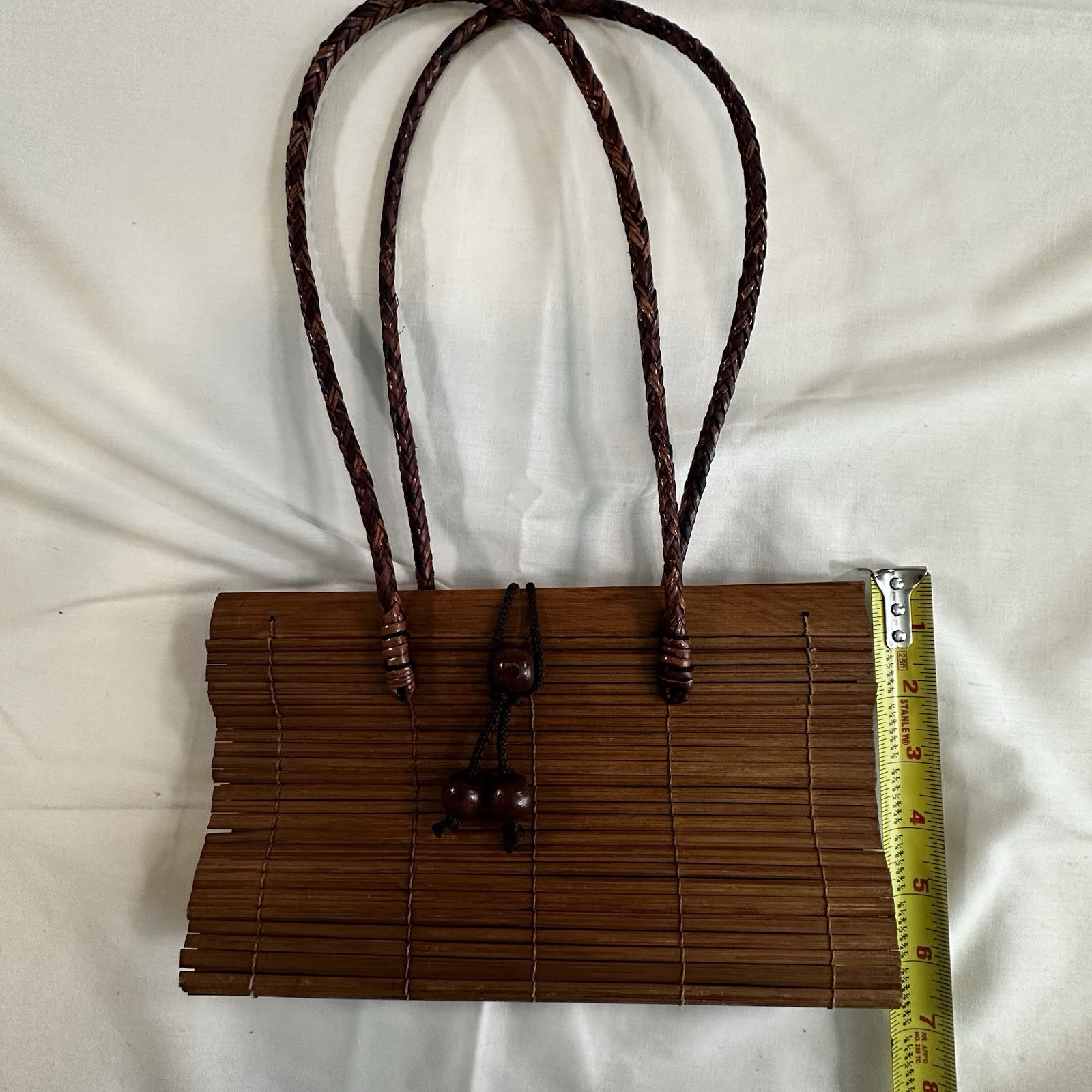 Brown Wood Slat Shoulder Bag Braided Leather Strap Lined Toggle Closure