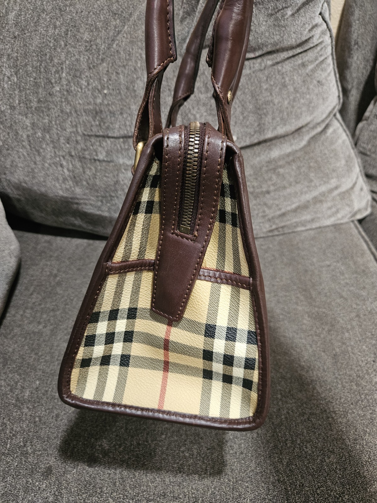 Plaid Zip-Top Satchel Top Handle Bag Double Brown Leather Handles Gold