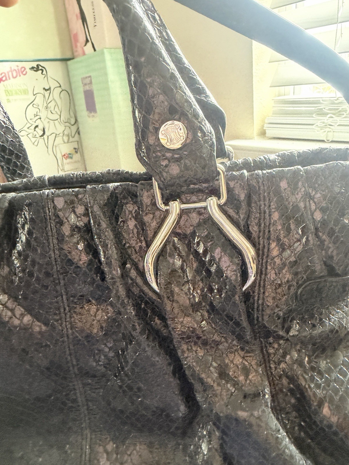 Céline Black Snake Skin Satchel Top Handle Zip Bag Silver Hardware Charm