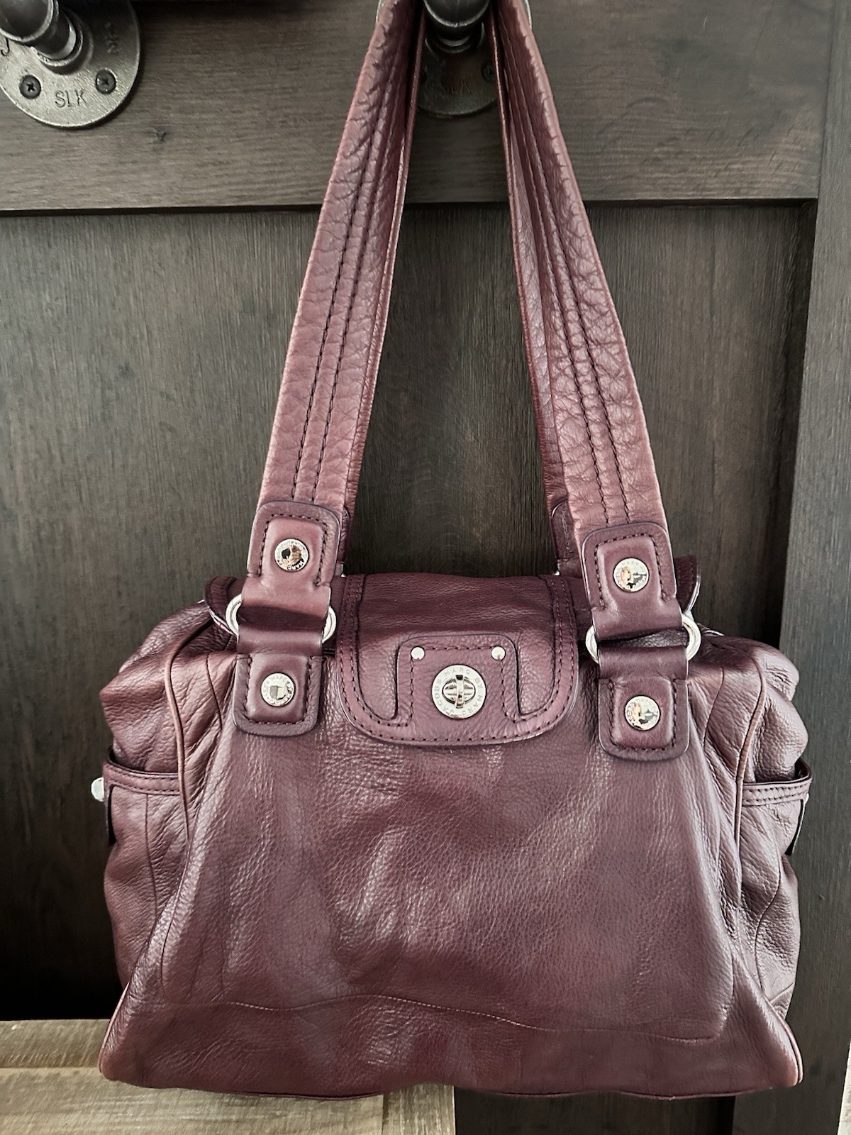 Marc by Marc Jacobs Burgundy Shoulder Bag, Silver Hardware, Zip, Logo Lined