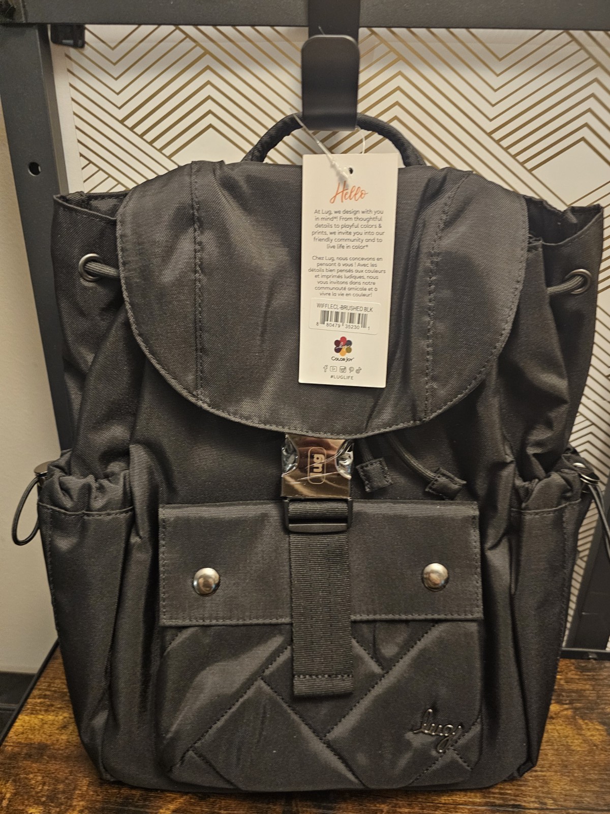Lug Wiffle Backpack Black Brushed Drawstring Buckle Zipper Pockets Lined