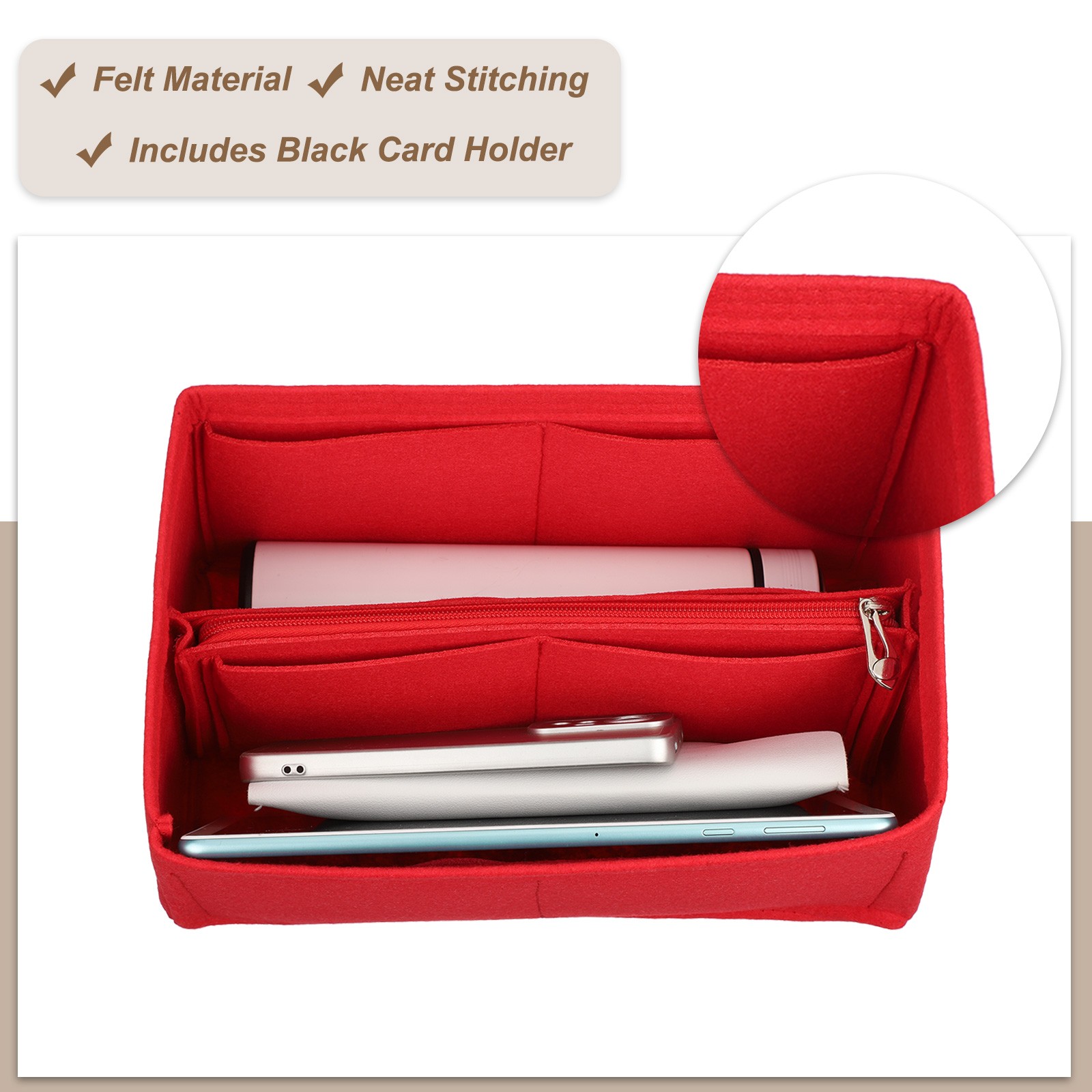 1 Set Bright Red Small Felt Purse Organizer Insert for Women, 23 x 14 x 14cm