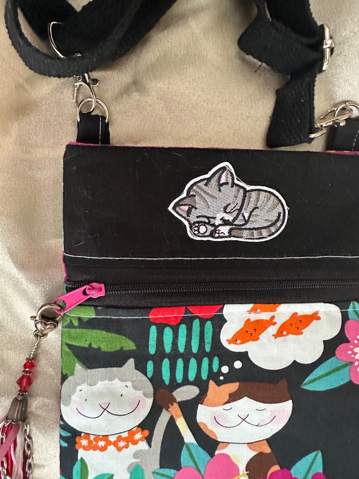 Small CROSSBODY cell phone bag, CAT, tassel, HANDMADE, gift, 8×6 in, black, pink