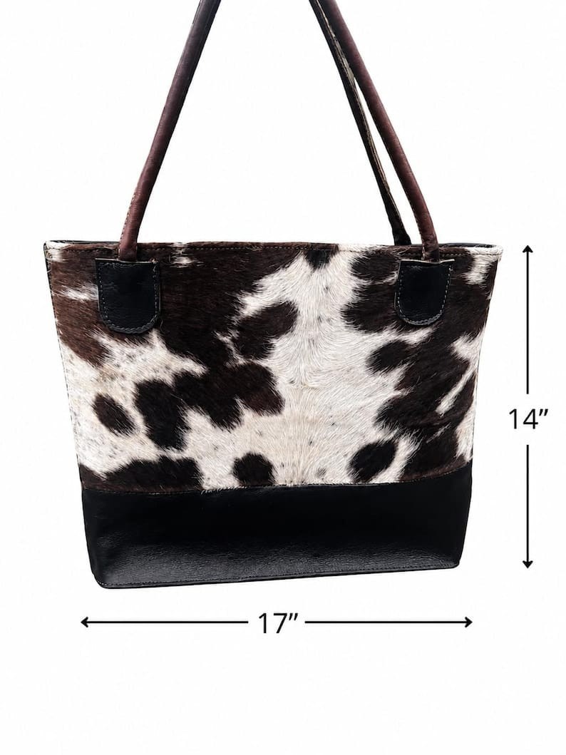 Genuine Cowhide Leather Tote Bag Black & White Hair-On Hide Shoulder Handbag 17″