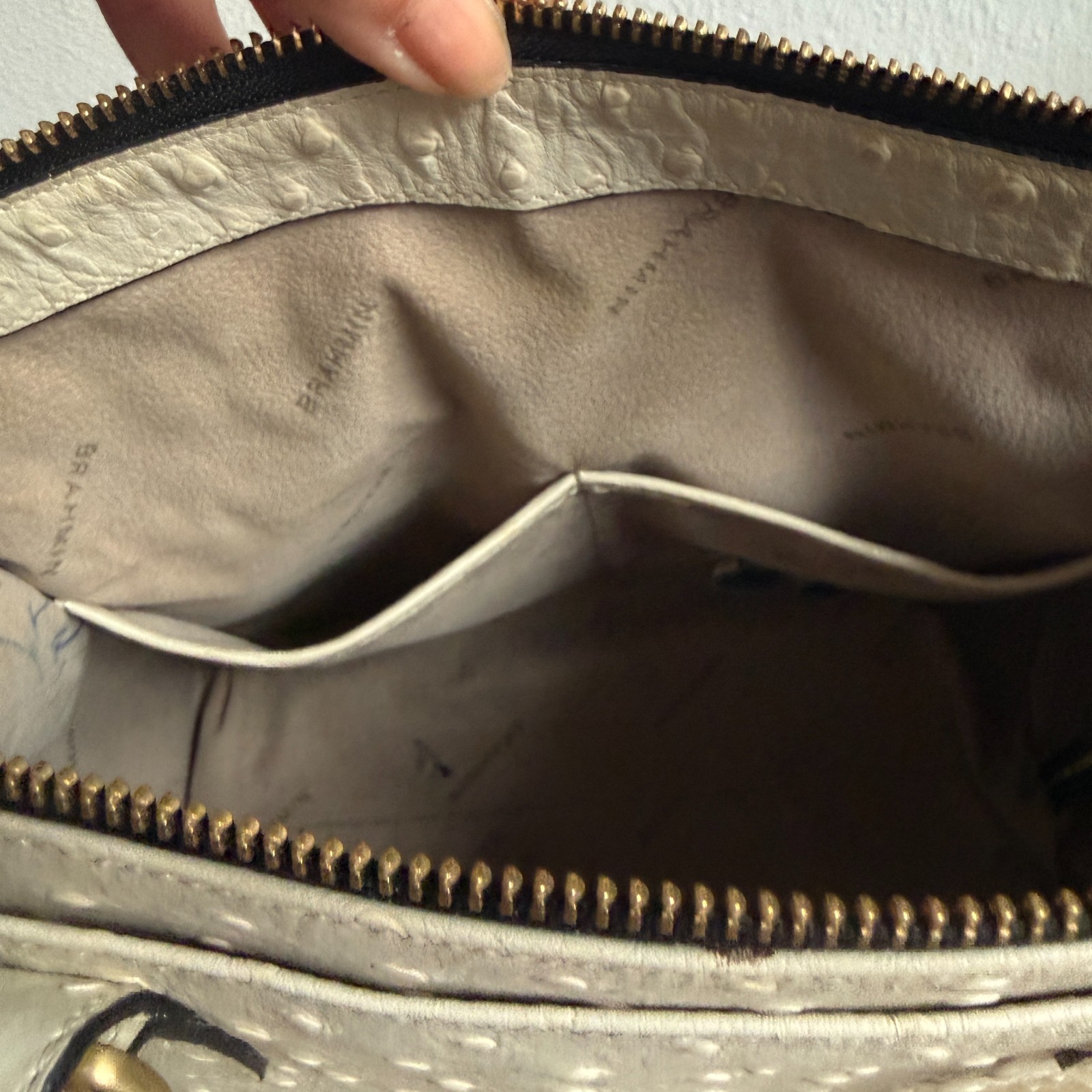 Brahmin Ivory Ostrich Embossed Leather Satchel Hand Bag