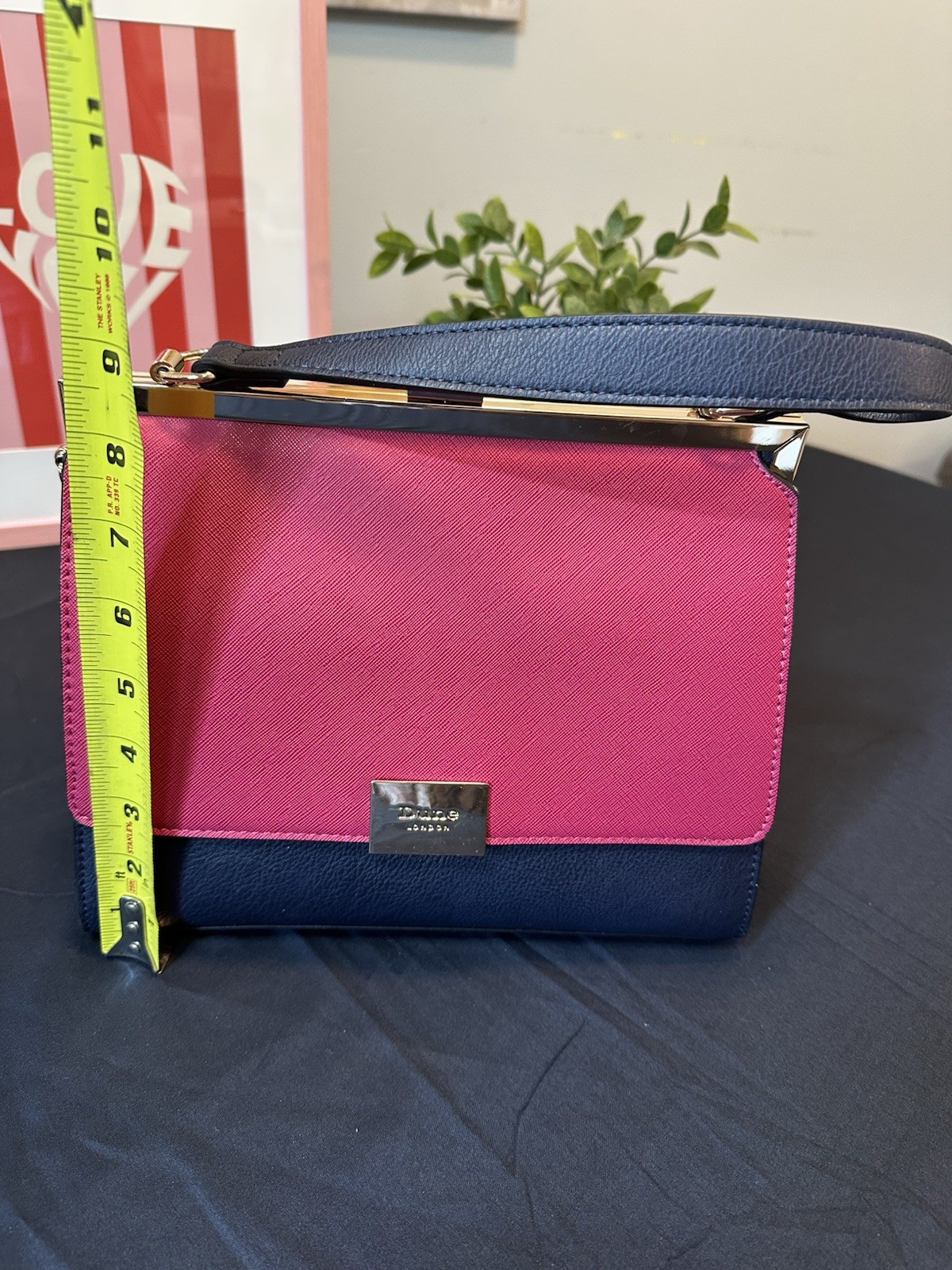 Dune London Pink/Navy Colorblock Satchel Top Handle Clasp Frame Gold Det Strap