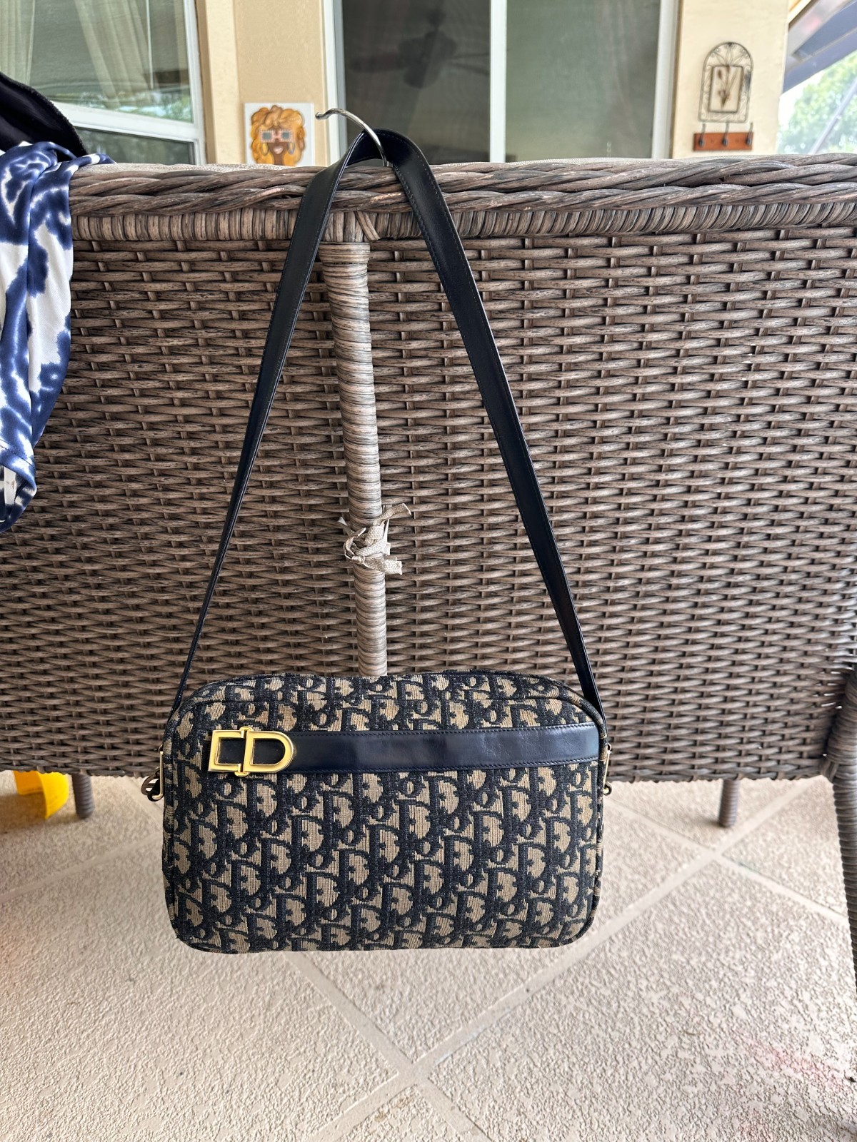 Dior Blue Black Monogram Shoulder Bag with Gold Hardware