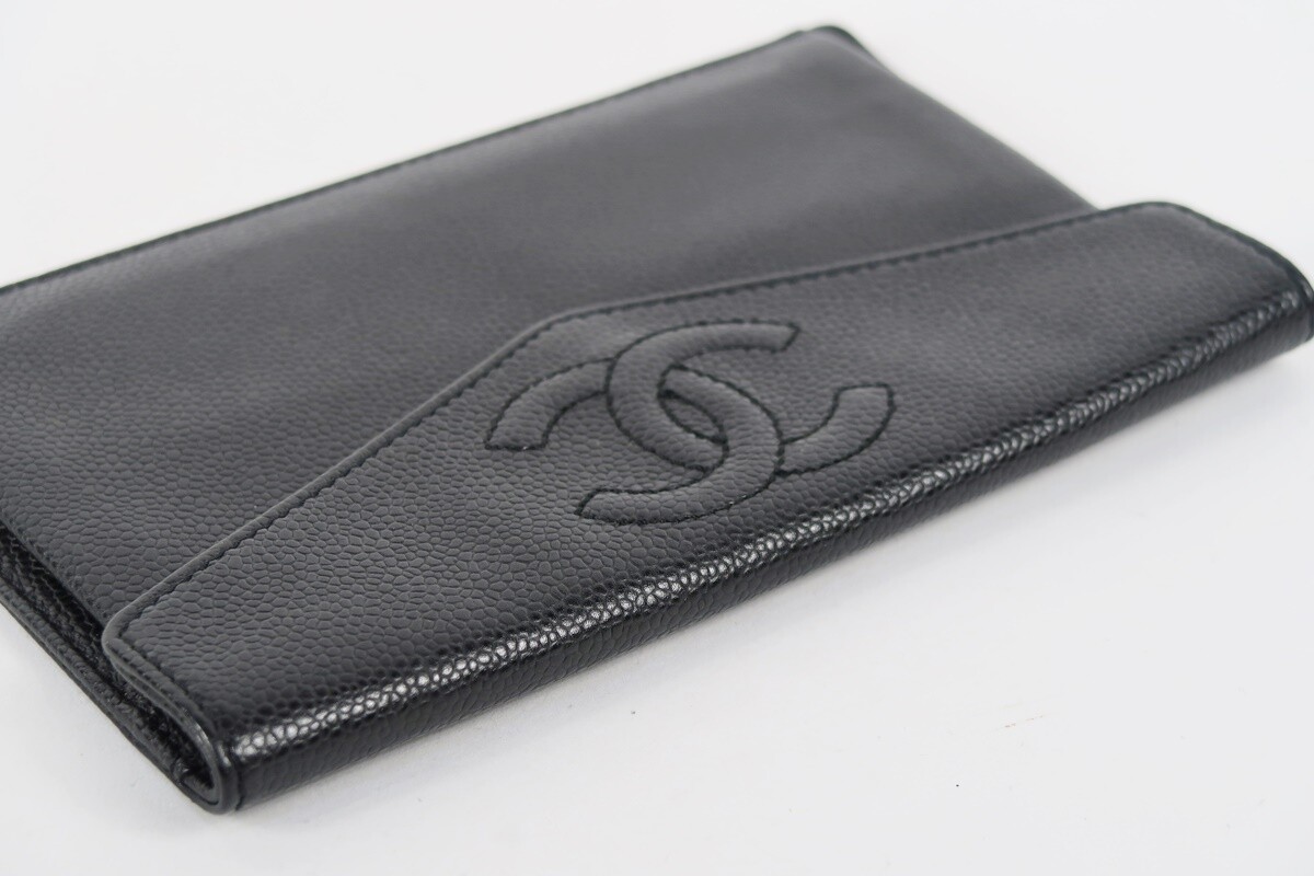 CHANEL CC Logo Long Wallet Clutch Bag Black Caviar Leather L 13cm JPN [Used]