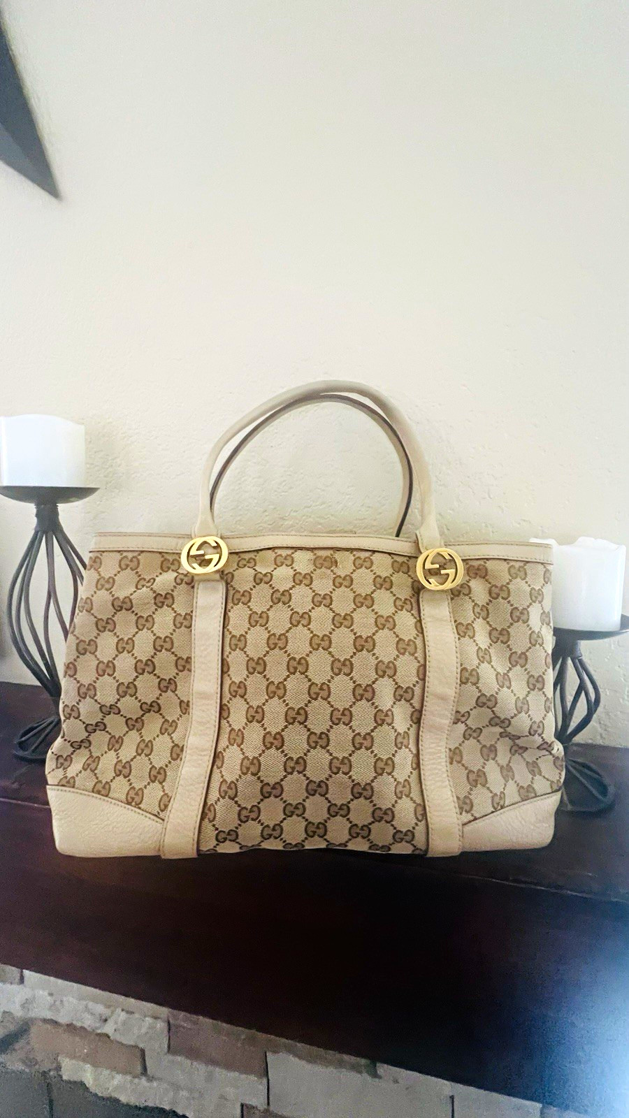 Gucci GG Pattern Tote Bag Beige Brown, Logo Accent, Magnetic, Inner Pockets