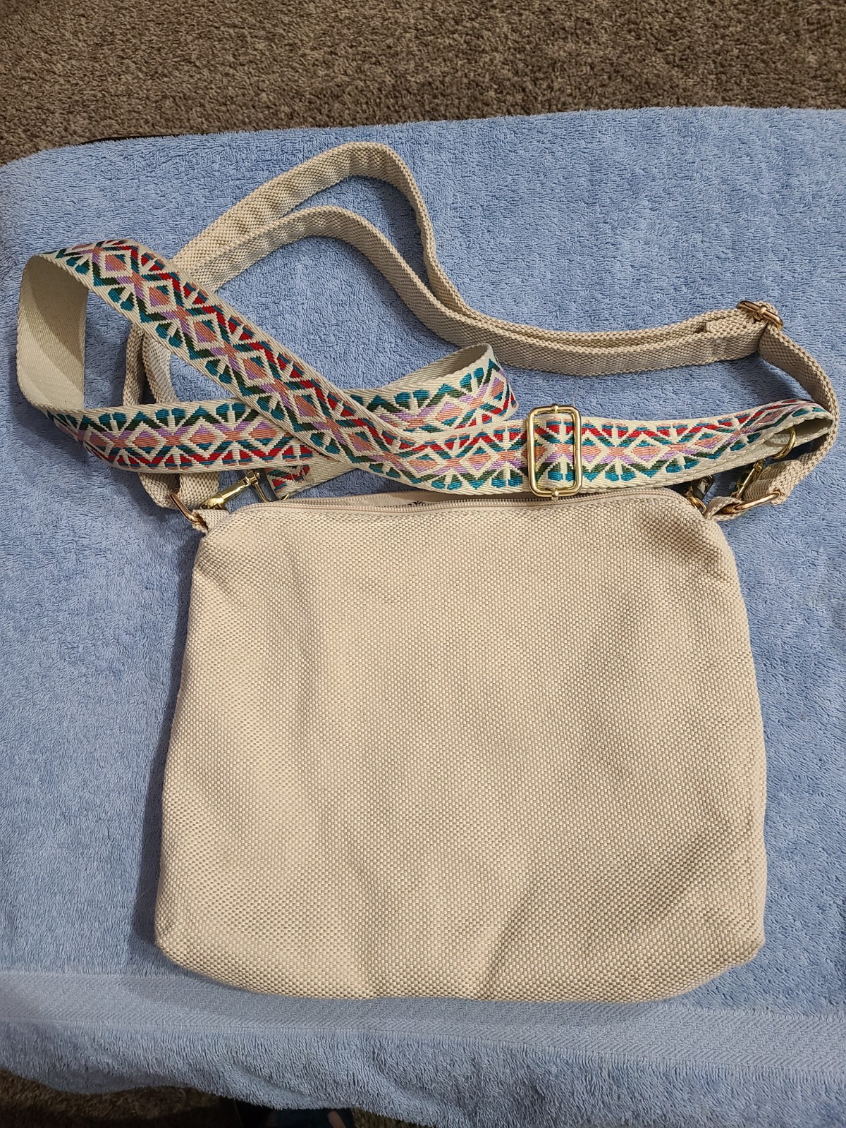 Jen & Co Oatmeal Fabric Purse Bag Detachable Multicolor Guitar Strap 11×9