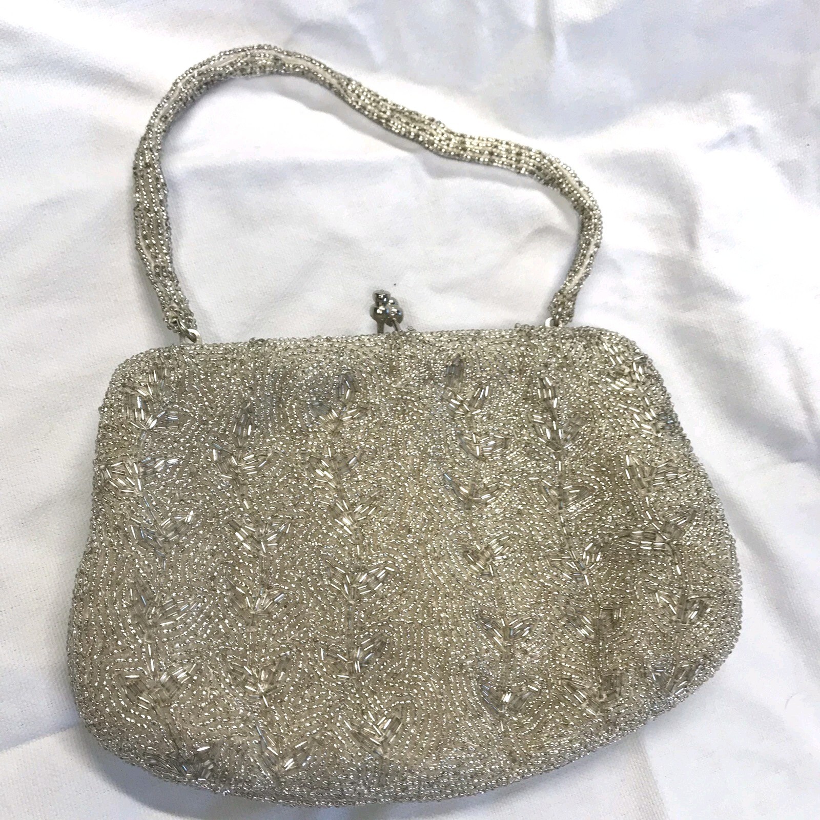 Vtg Silver Beaded Bag Clutch Purse Handbag Kiss Clasp Korea Glam Prom Mcm 50s