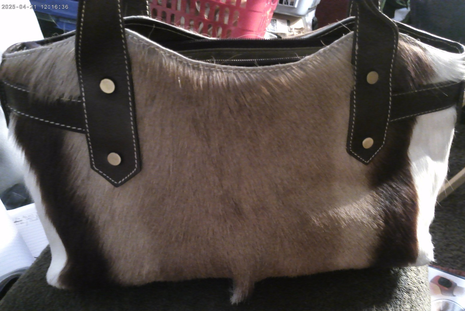 Diane Gail African Springbok Fur W/Leather Trim Double Handle Purse