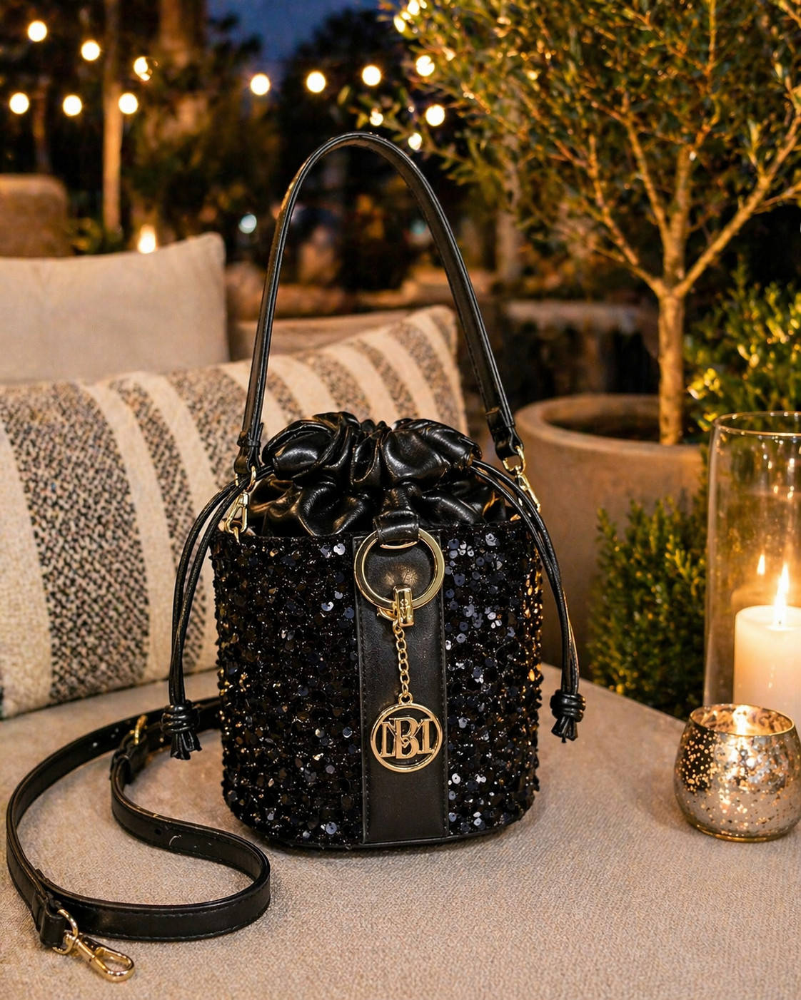 Badgley Mischka Bucket Bag Womens Small Black Sequin Vegan Leather Crossbody