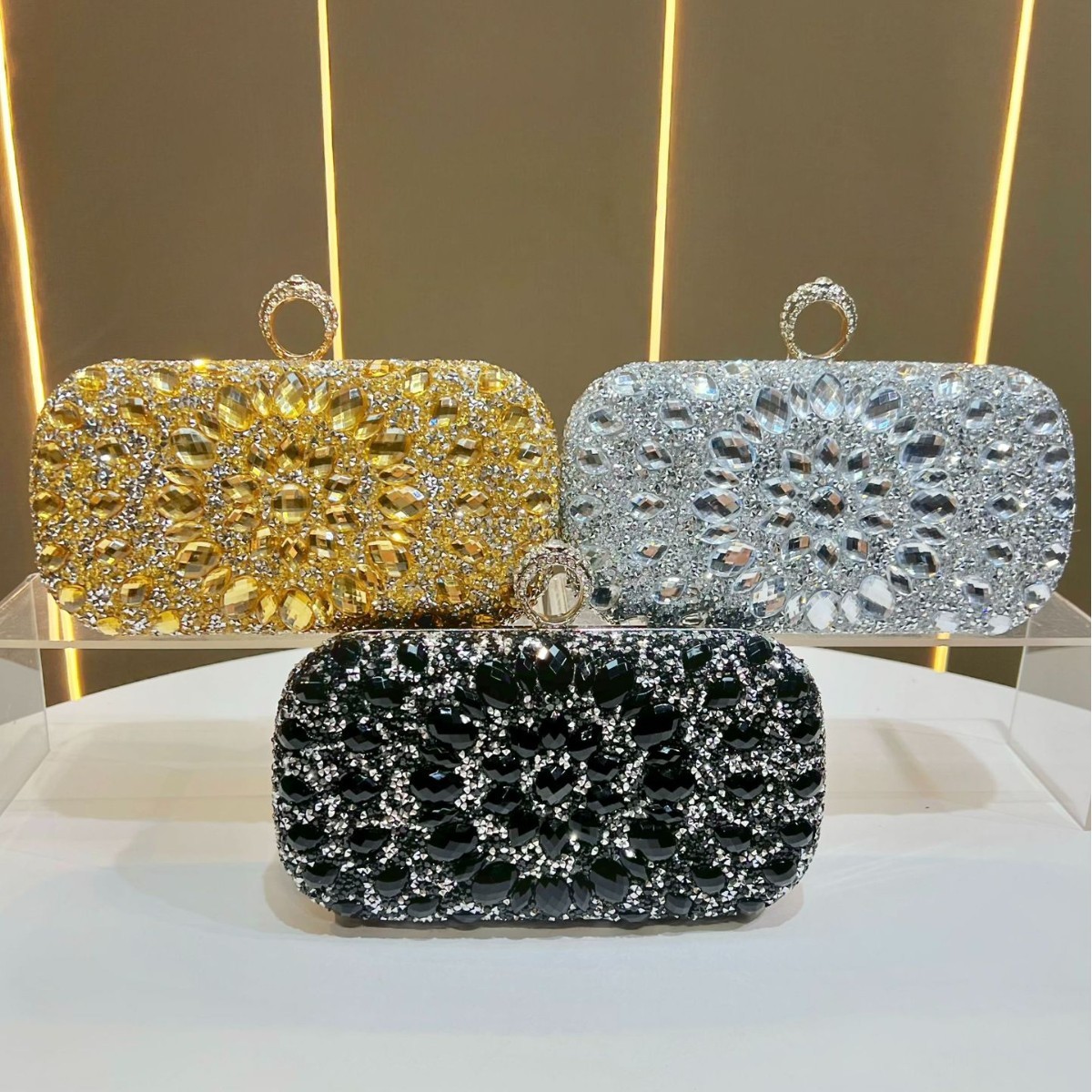 Glittering Diamond Accent Square Clutch Bag with Chain Strap for Evening or