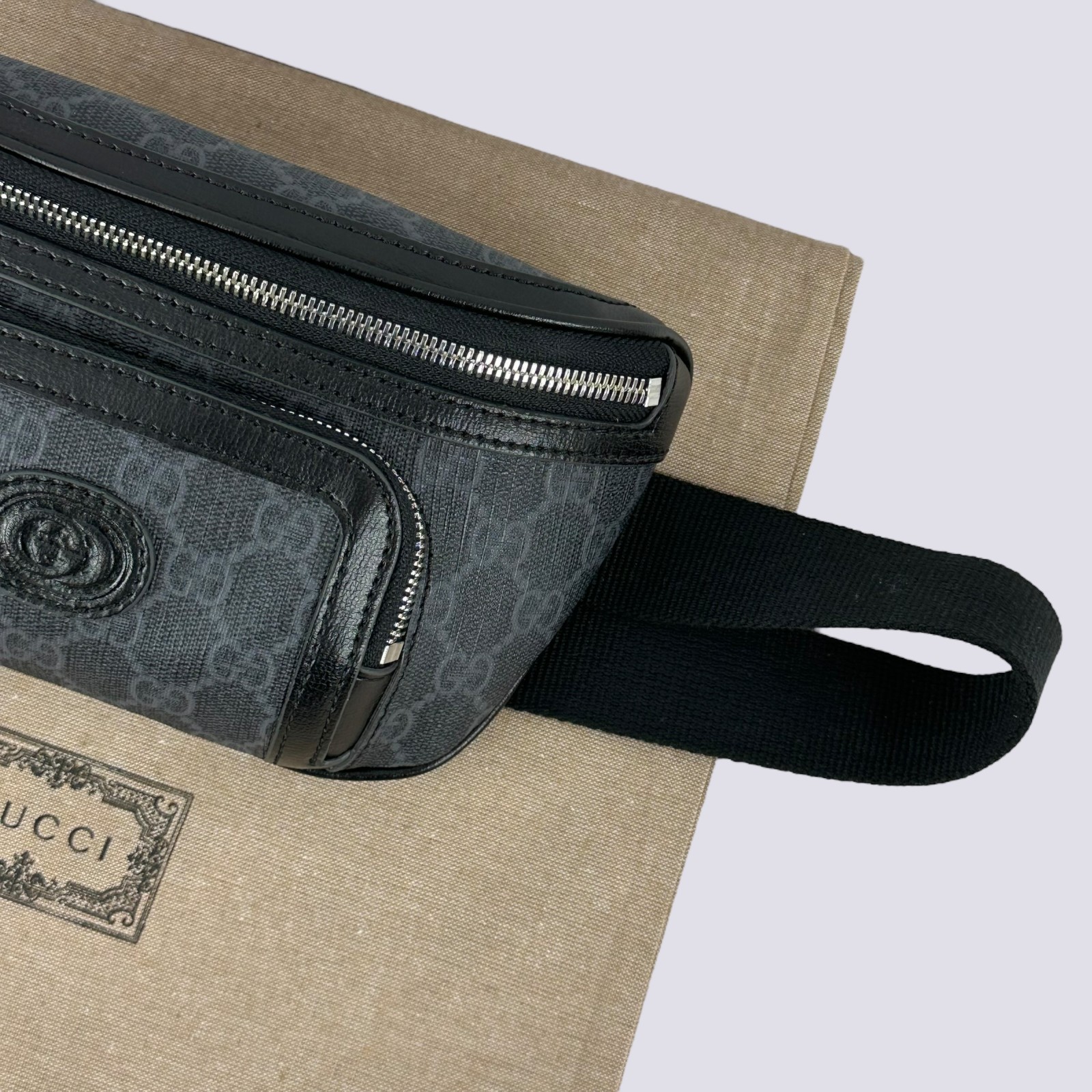 Gucci GG Monogram Interlocking G Canvas Leather Crossbody Belt Bag Black 682933
