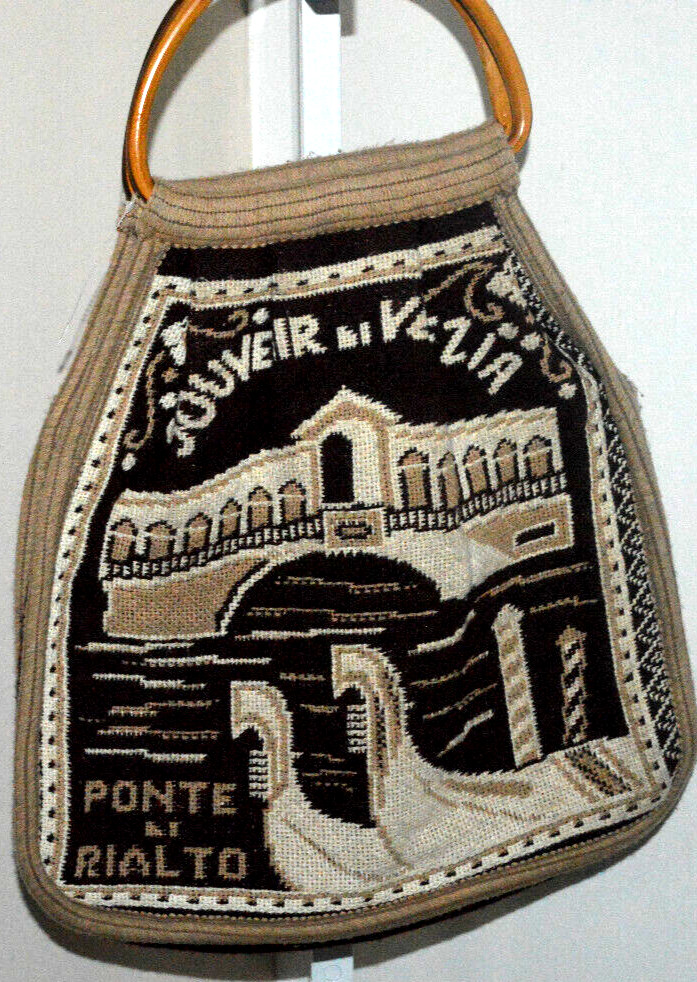 VTG VENICE WOVEN TOTE BAG PURSE WOOD HANDLES Souvenir PANORAMA BROWN CREAM BOHO
