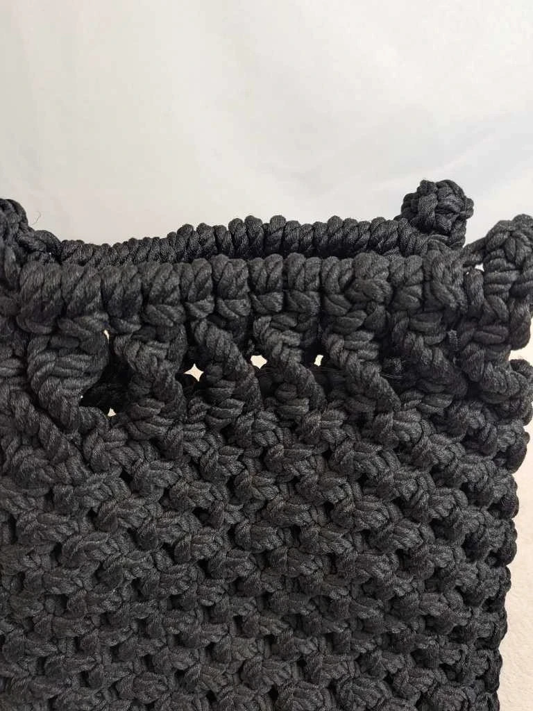Handmade Black Macrame Knot Shoulder Bag Boho Crochet Drawstring Purse