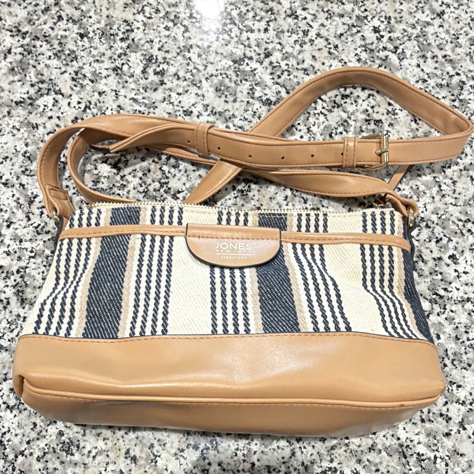 Jones New York Striped Zip Crossbody Bag Tan/Blue Stripes